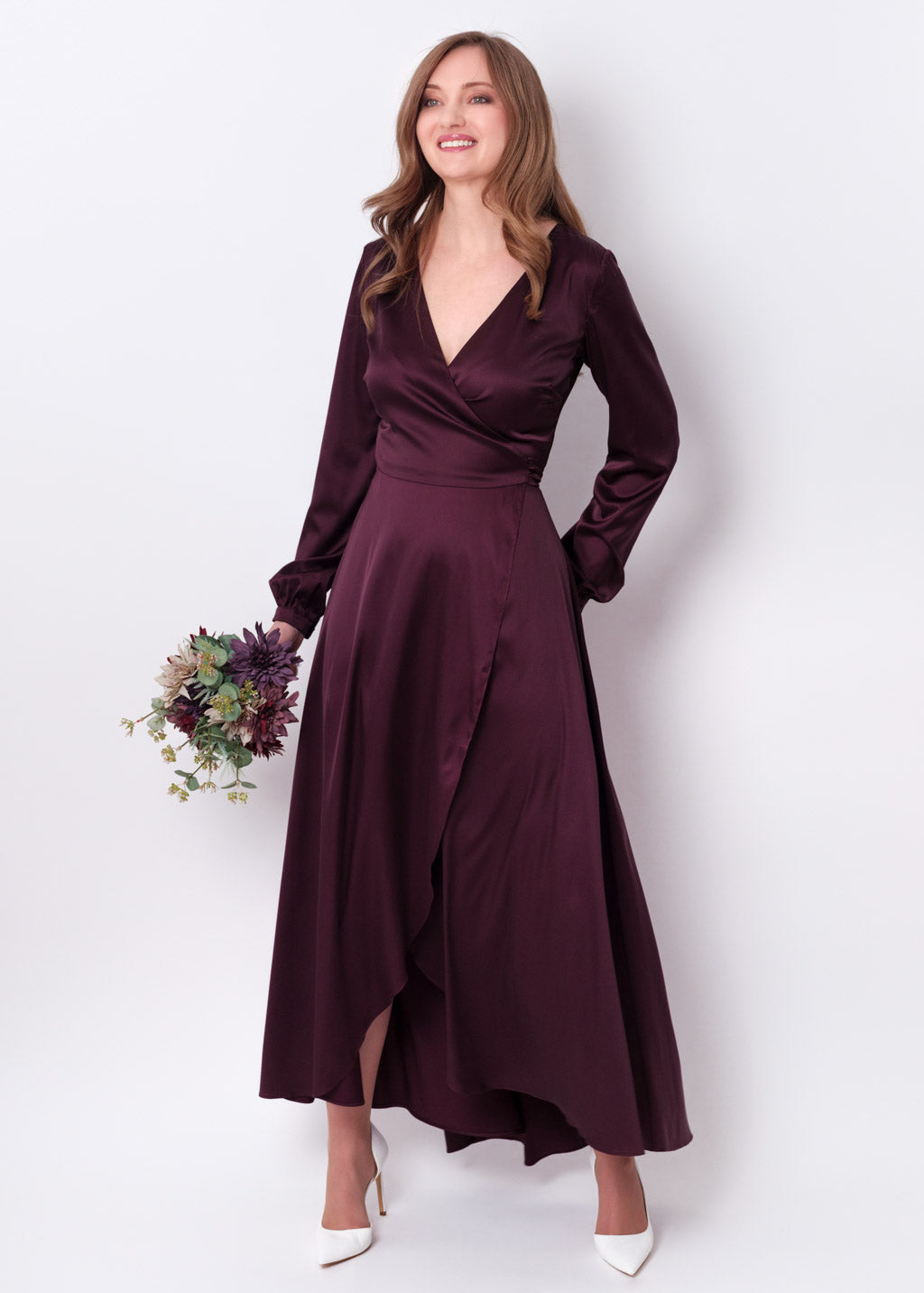 Dark burgundy silk long wrap dress