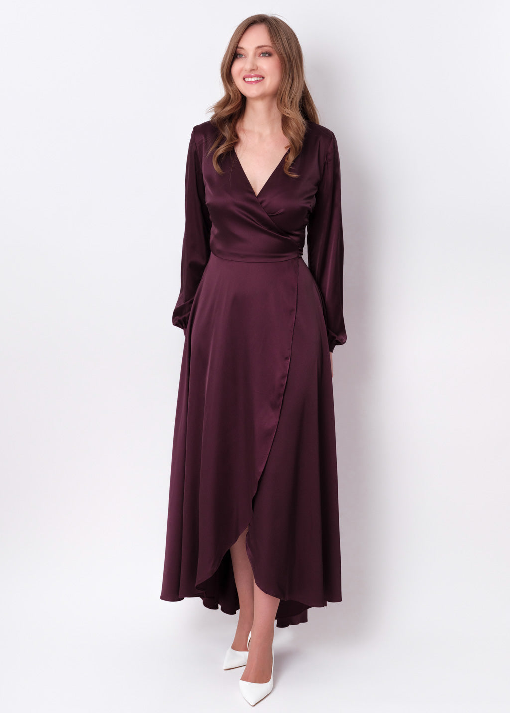 Dark burgundy silk long wrap dress