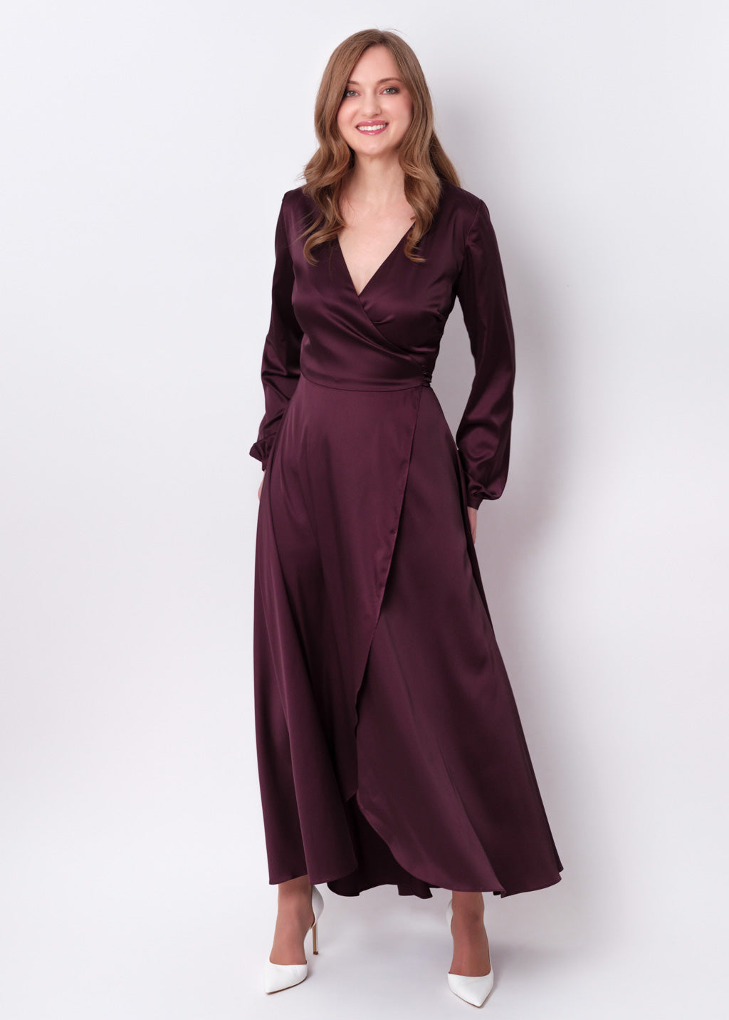 Dark burgundy silk long wrap dress