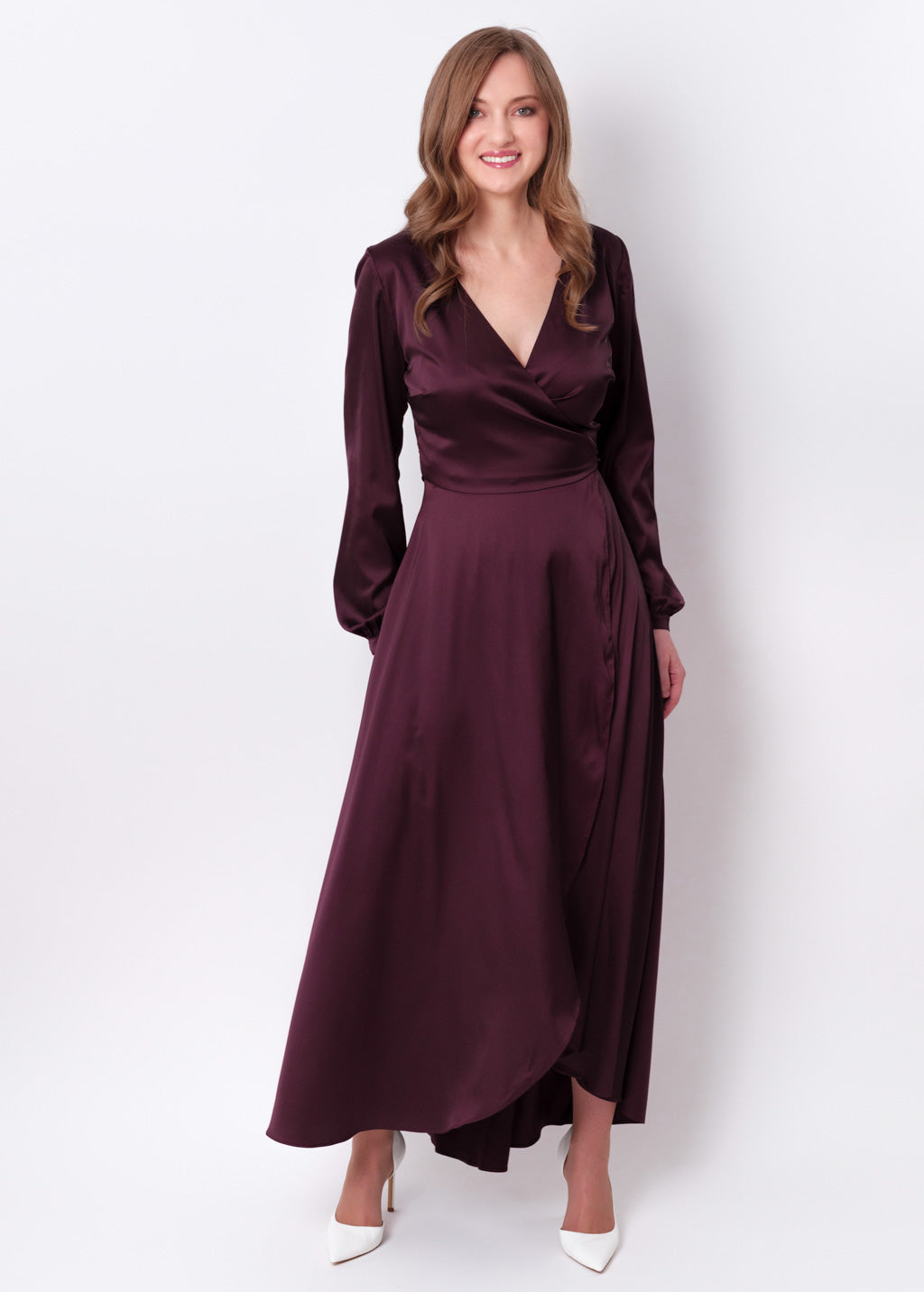 Dark burgundy silk long wrap dress