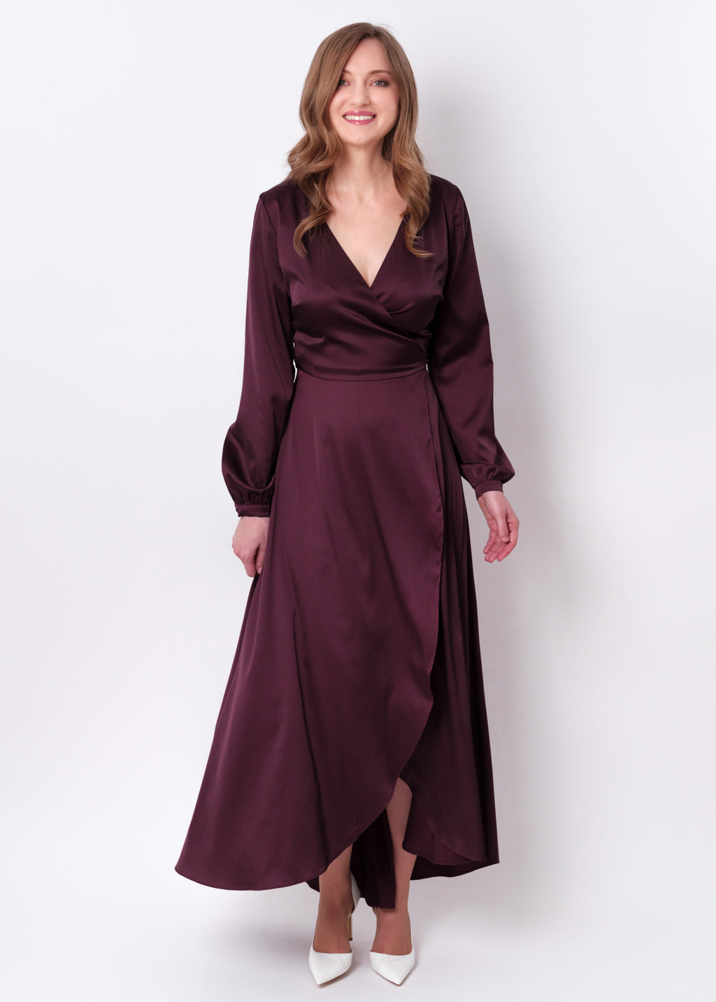 Dark burgundy silk long wrap dress