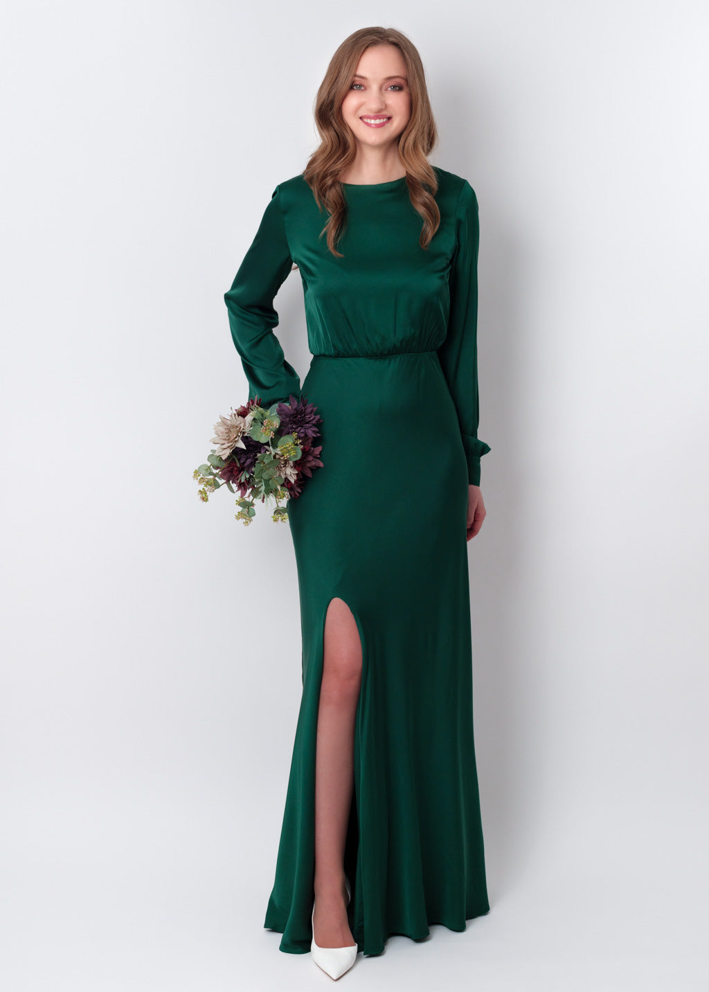 Dark green silk long knee slit dress