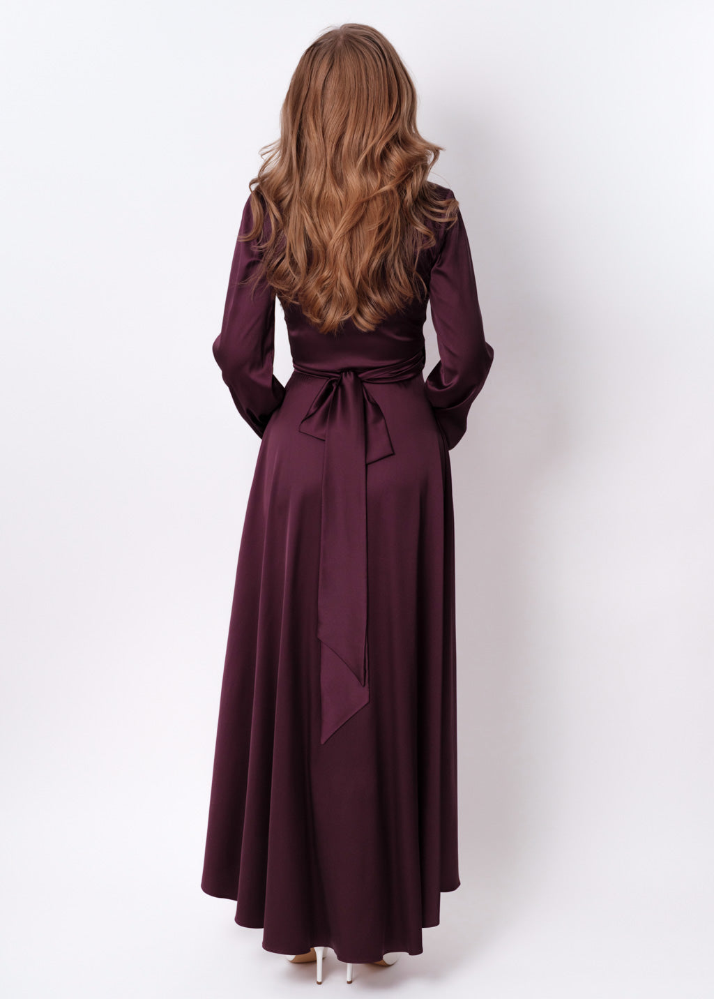 Dark burgundy silk long wrap dress