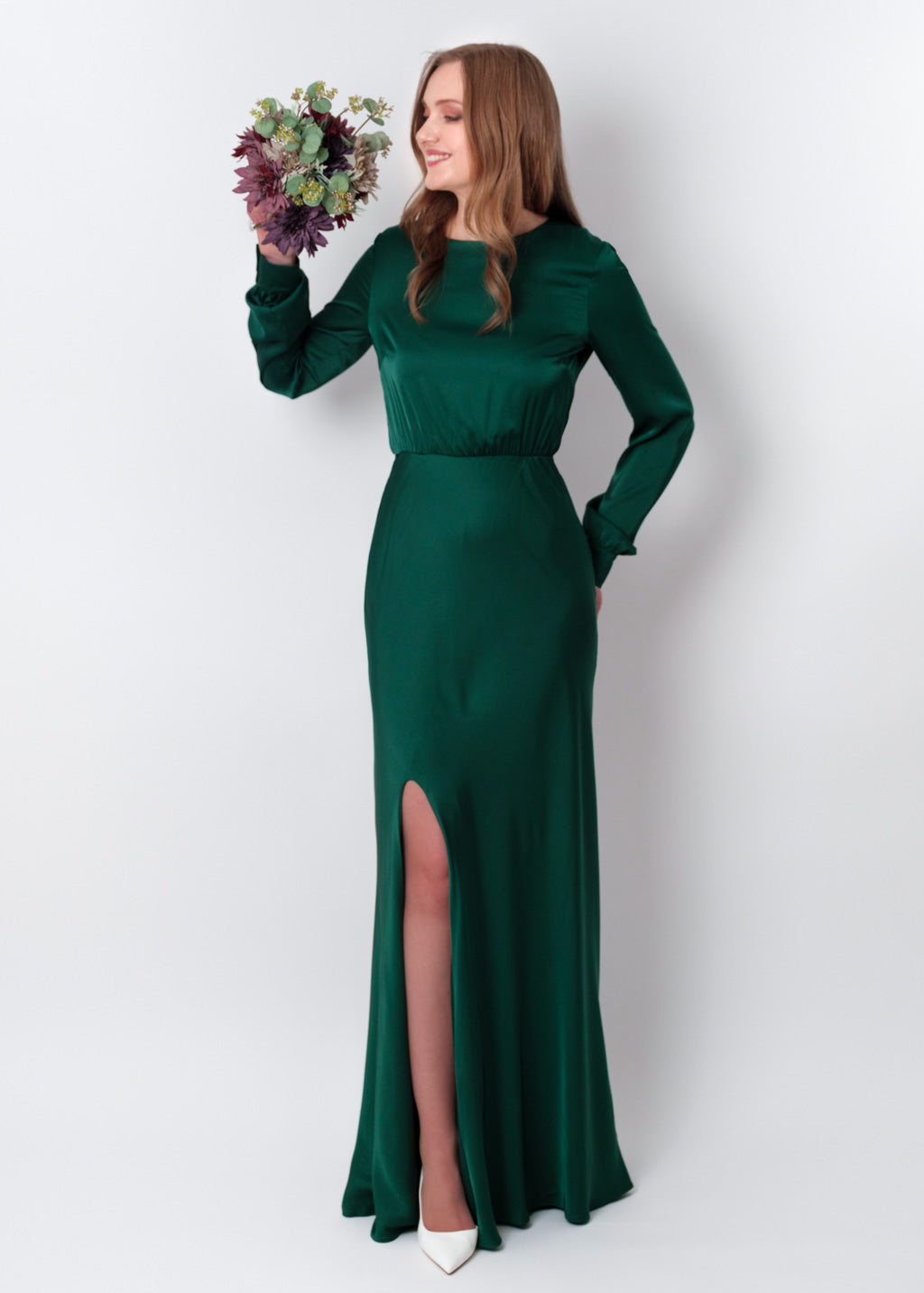 Dark green silk long knee slit dress