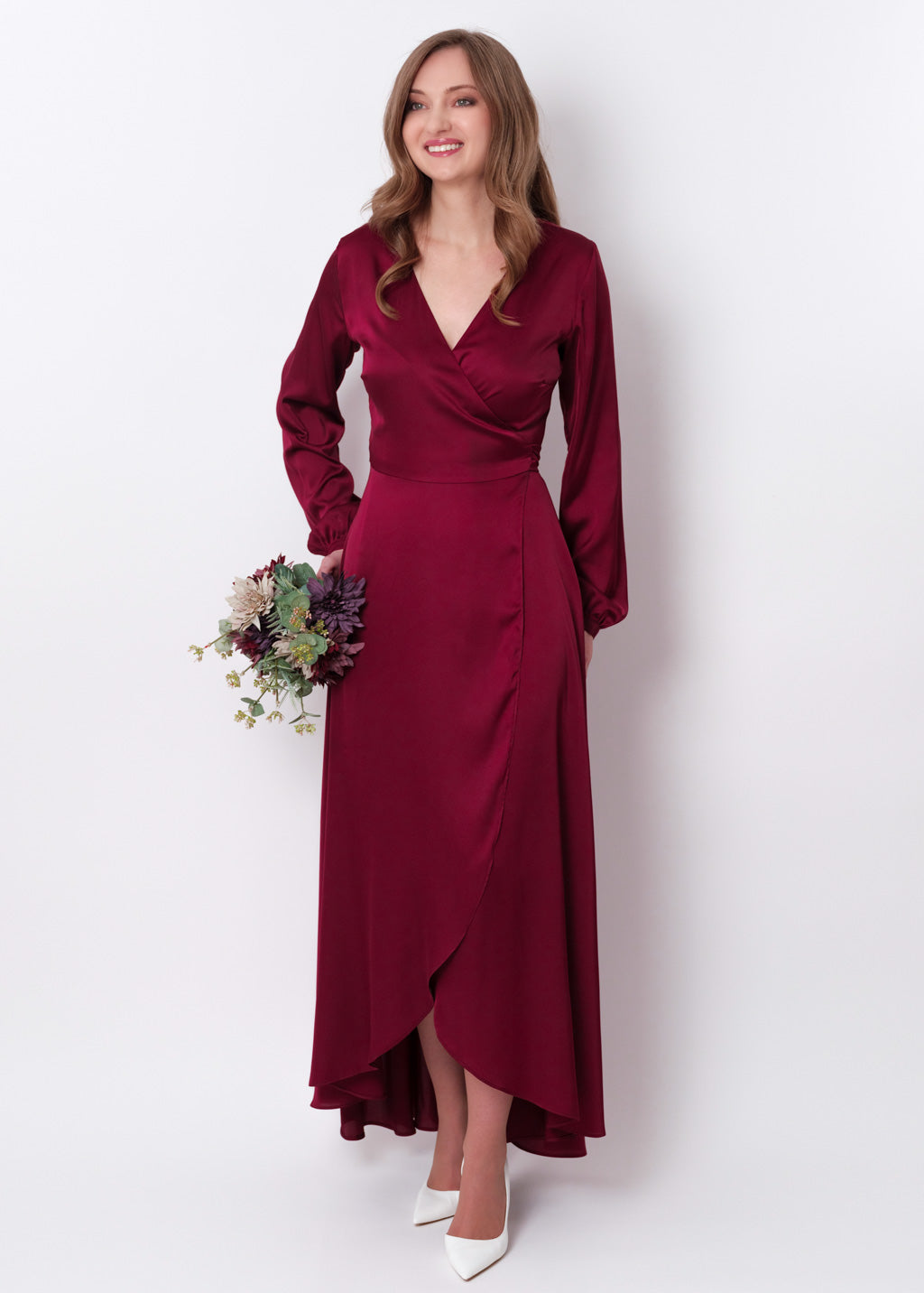 Burgundy silk long wrap dress