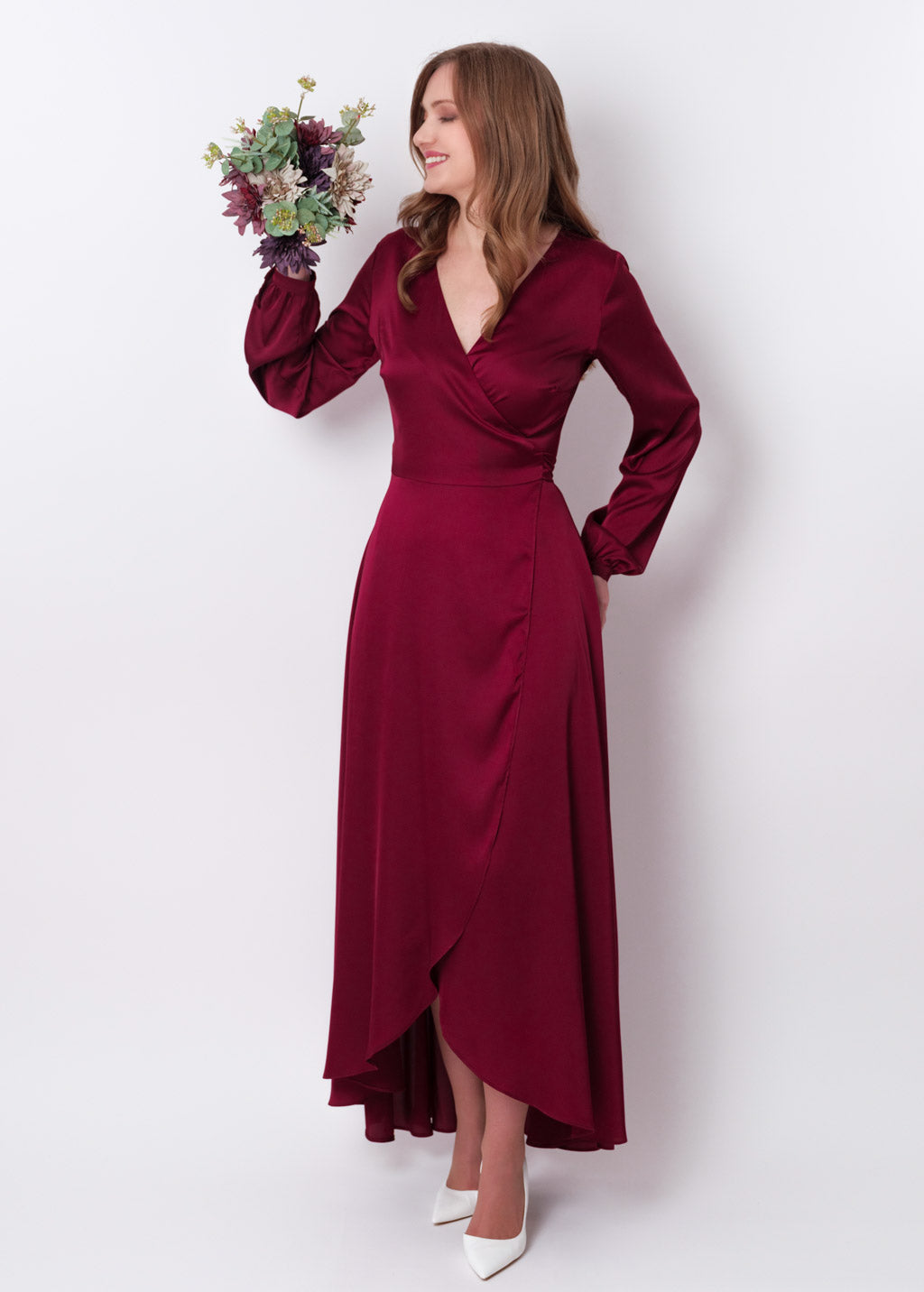 Burgundy silk long wrap dress