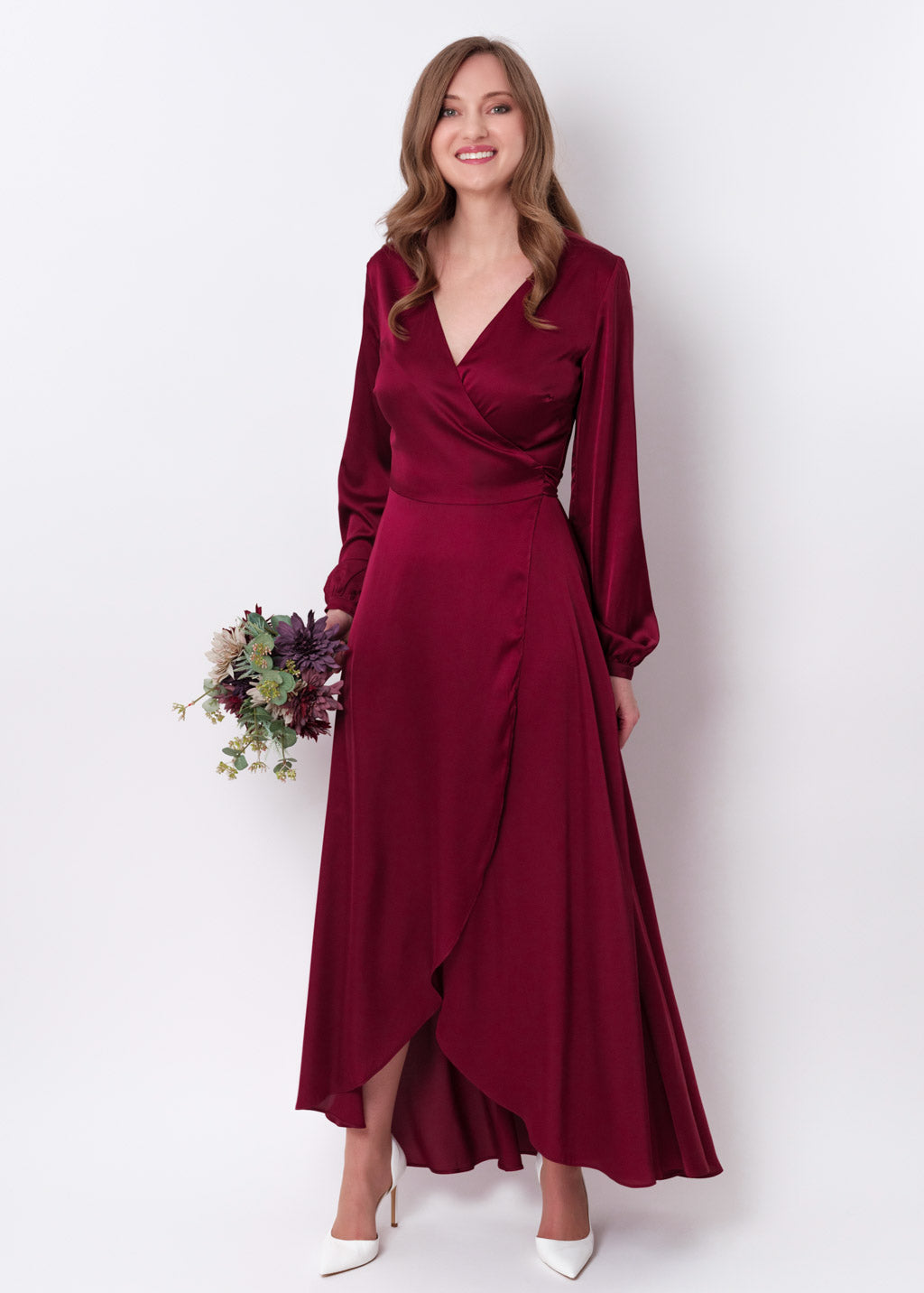 Burgundy silk long wrap dress