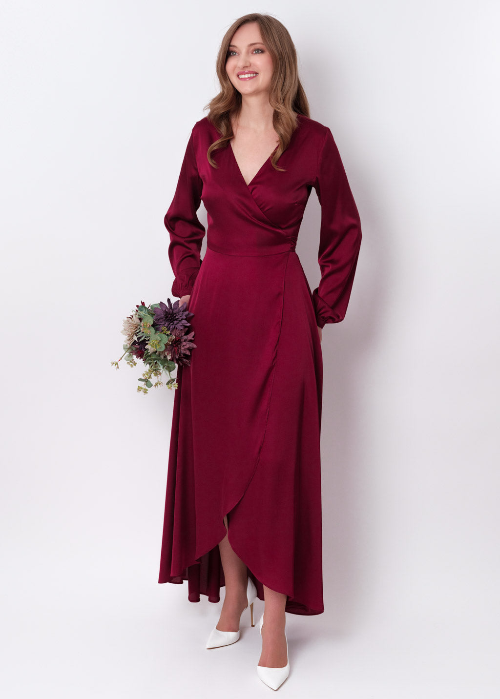 Burgundy silk long wrap dress