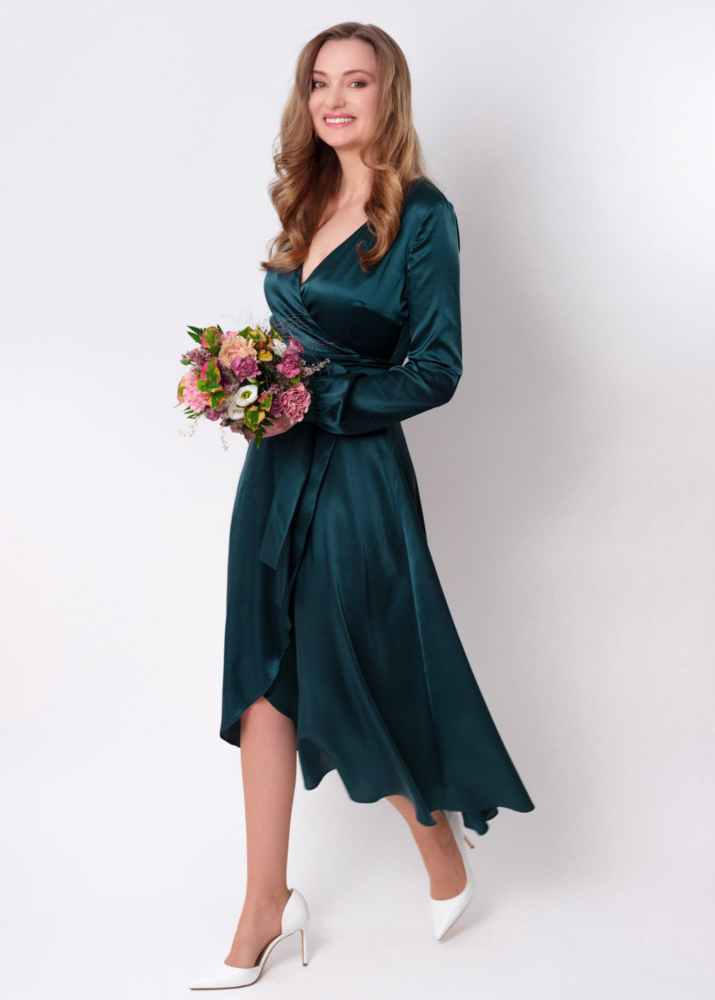 Dark teal green wrap dress