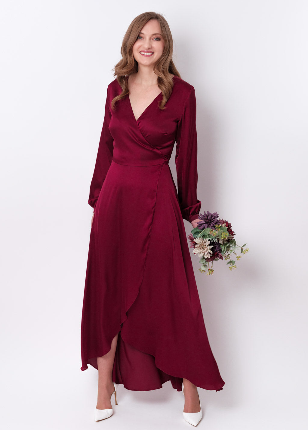 Burgundy silk long wrap dress