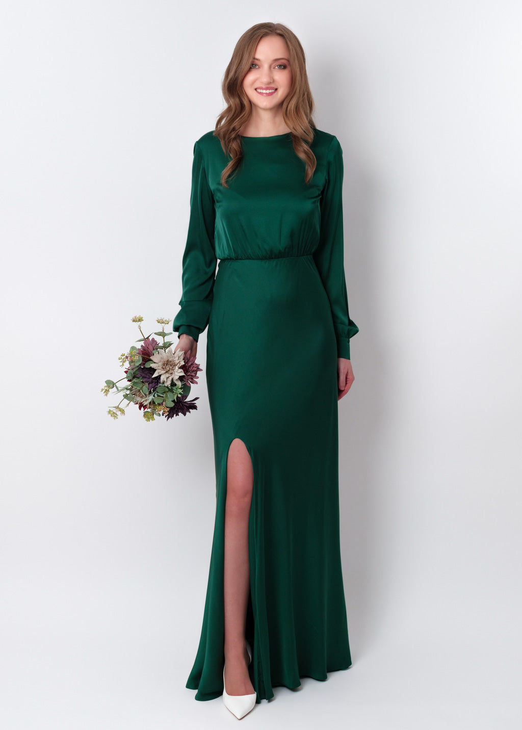 Dark green silk long knee slit dress