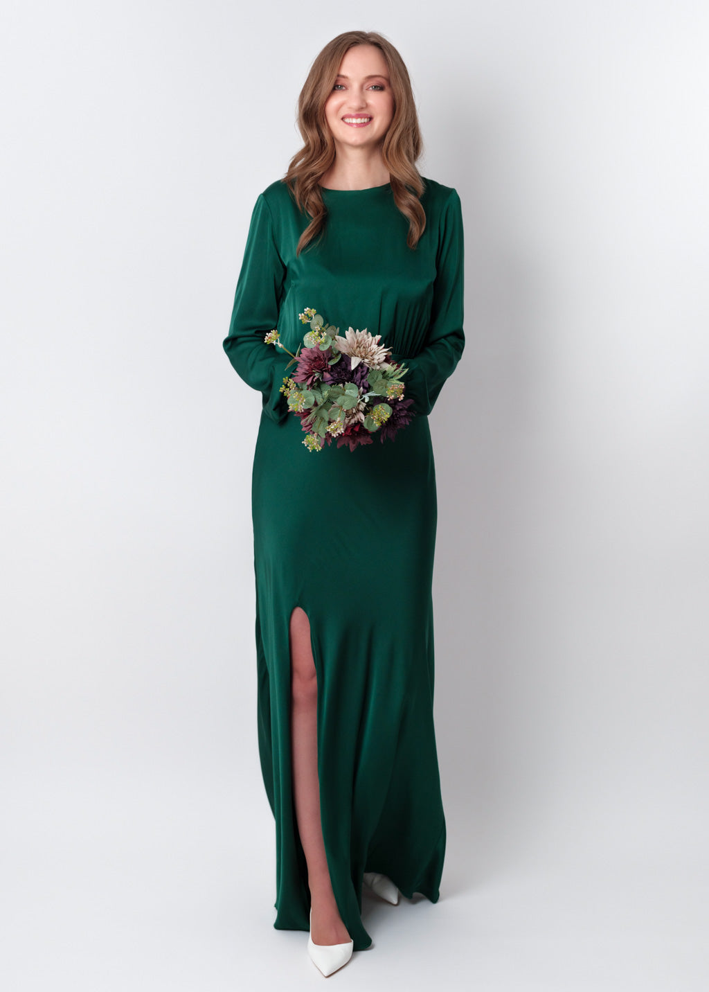 Dark green silk long knee slit dress