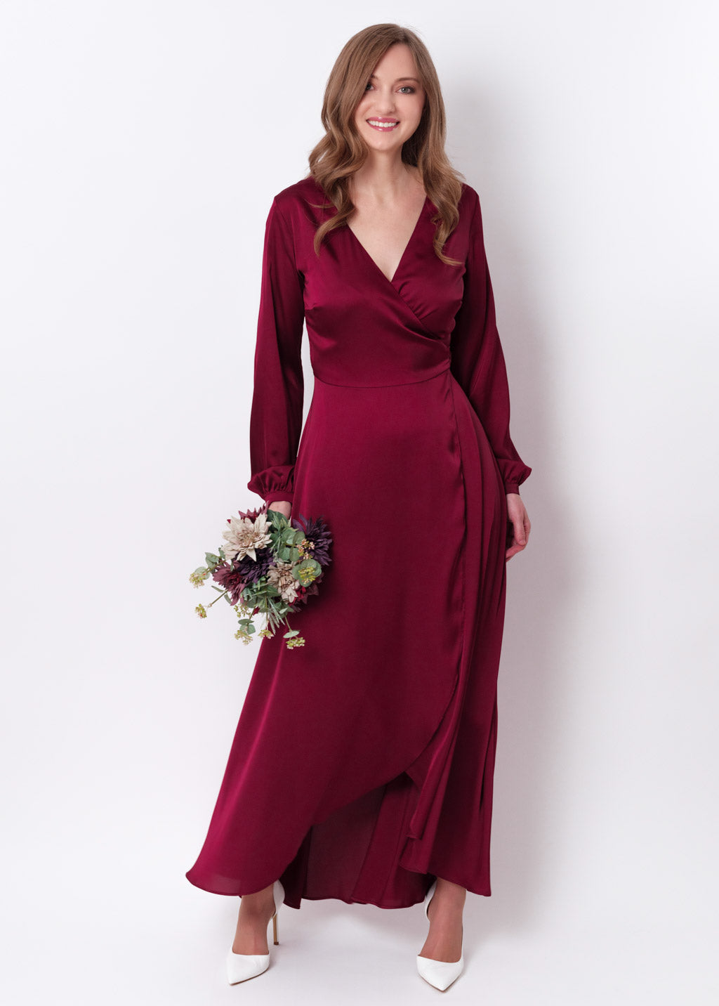 Burgundy silk long wrap dress