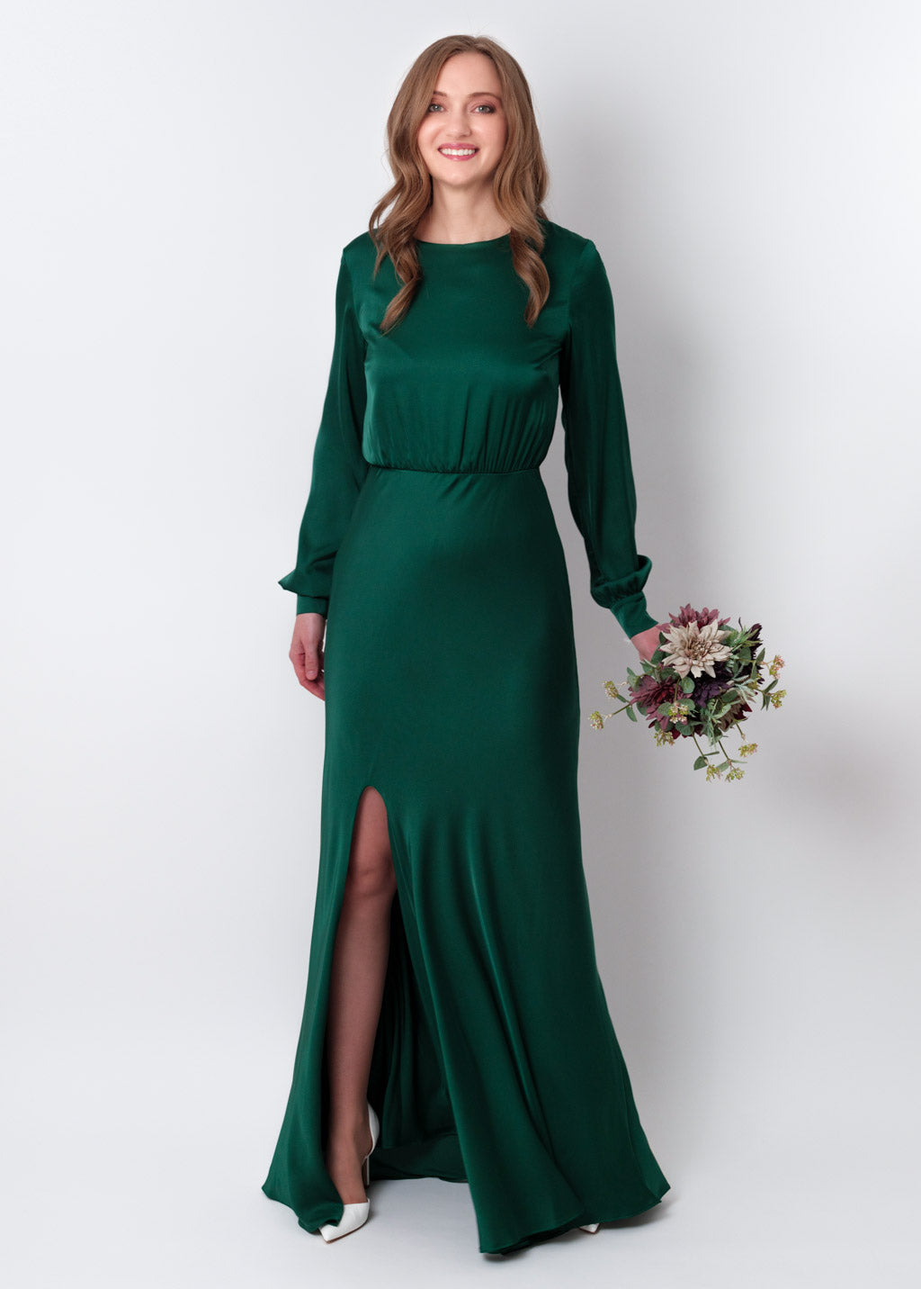 Dark green silk long knee slit dress