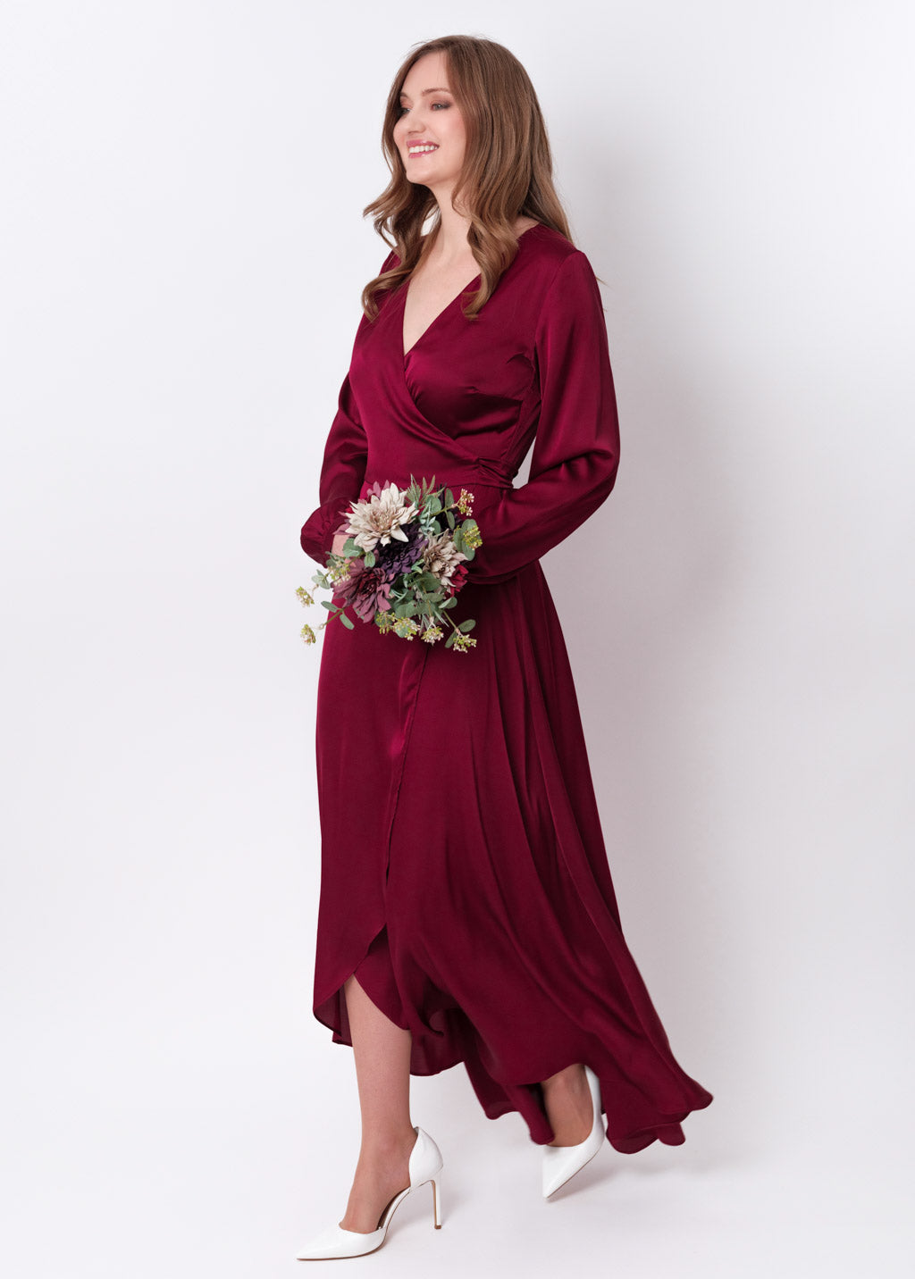 Burgundy silk long wrap dress