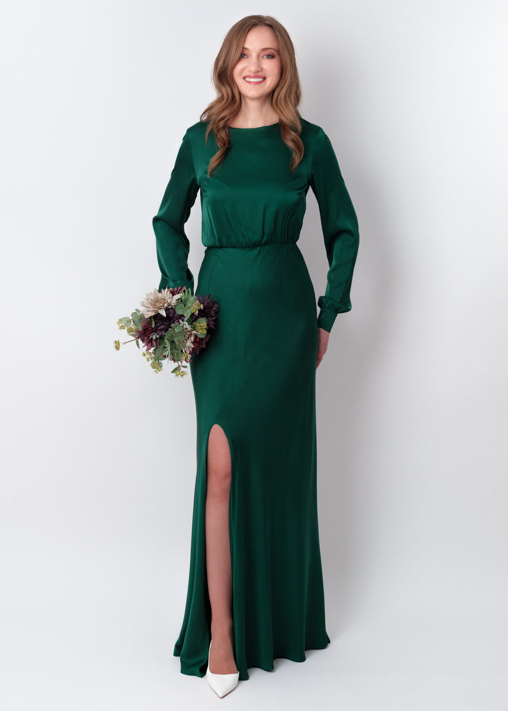 Dark green silk long knee slit dress