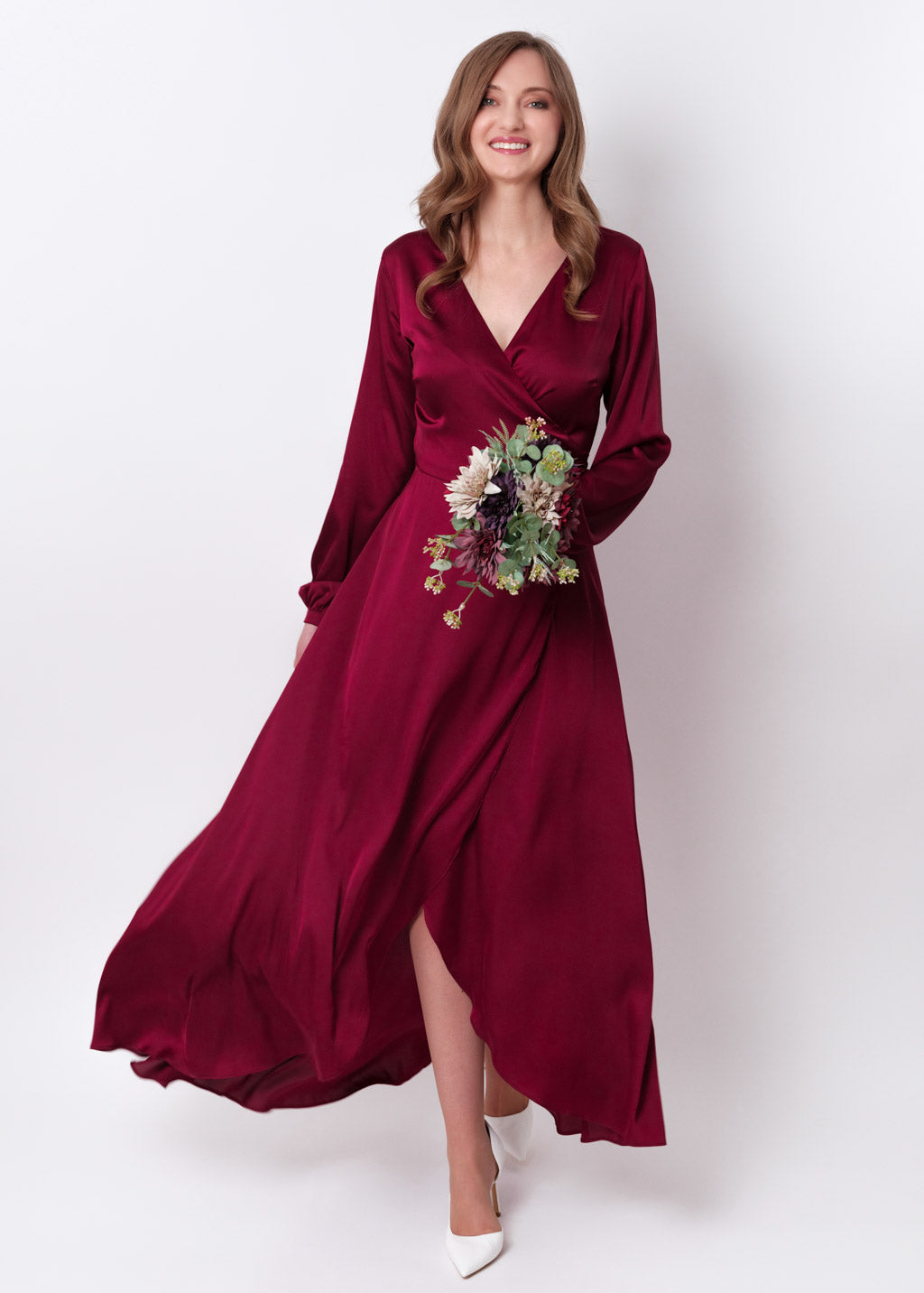 Burgundy silk long wrap dress