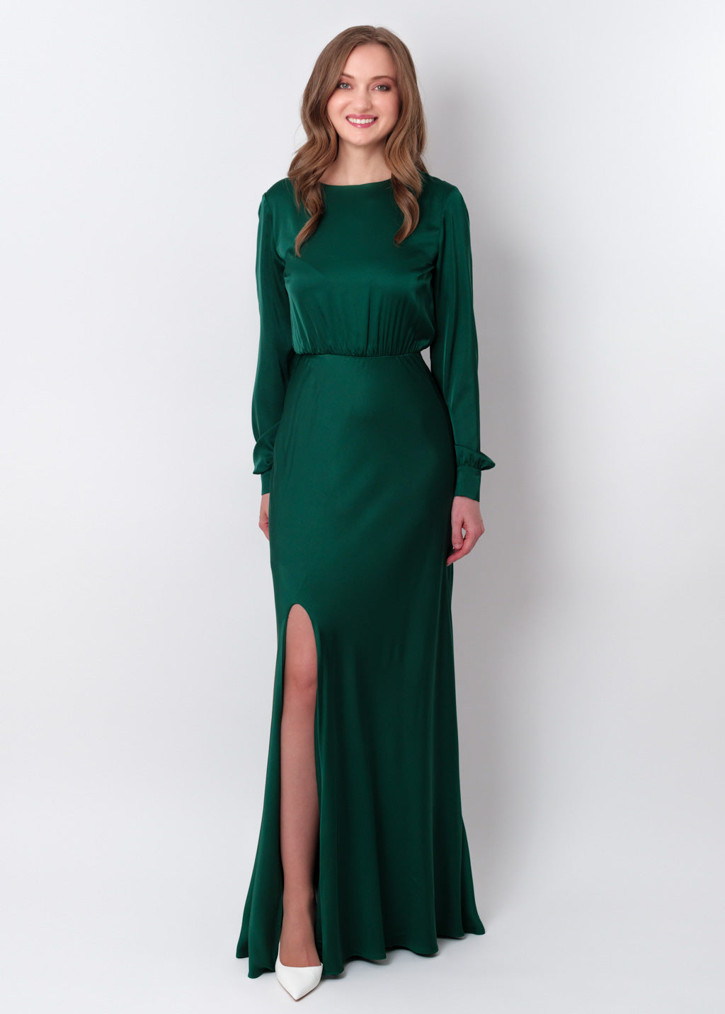 Dark green silk long knee slit dress