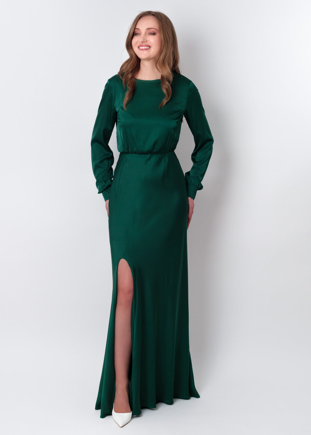 Dark green silk long knee slit dress