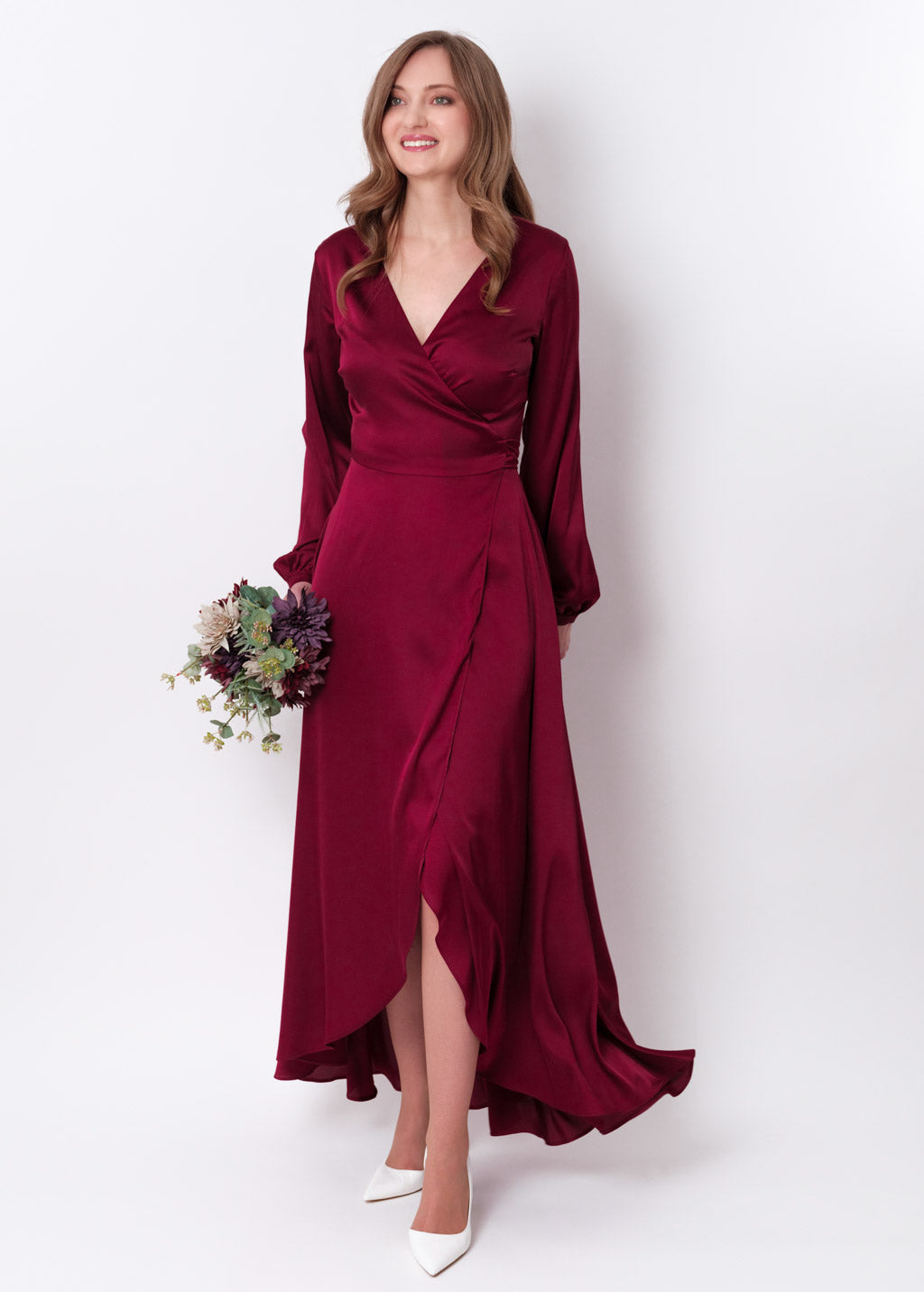 Burgundy silk long wrap dress