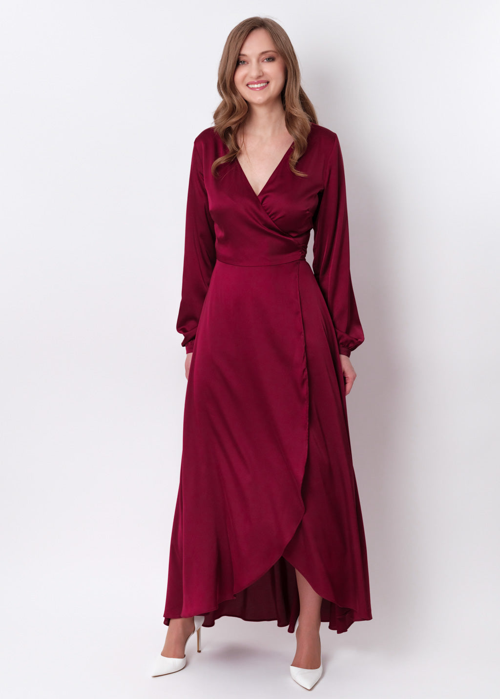 Burgundy silk long wrap dress