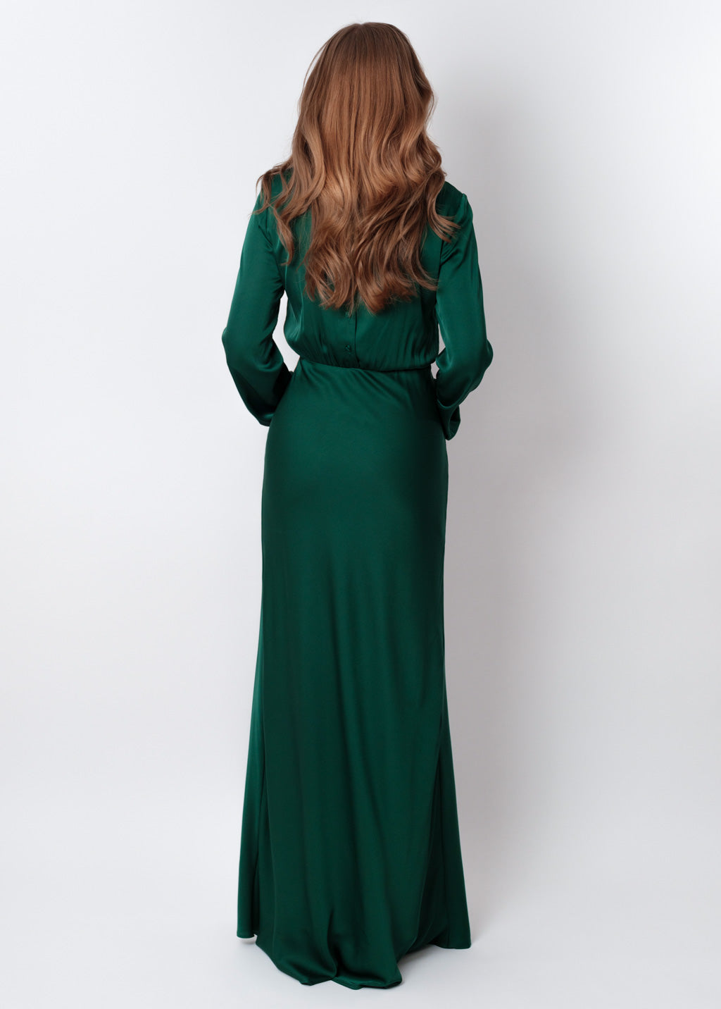 Dark green silk long knee slit dress