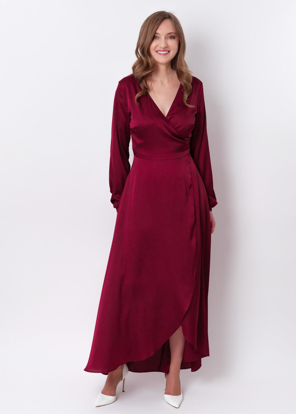 Burgundy silk long wrap dress
