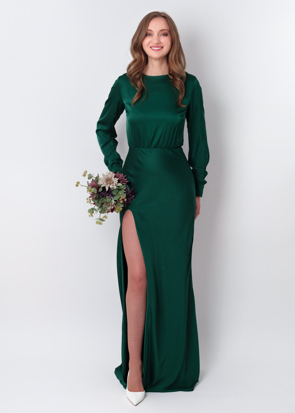 Dark green silk long high slit dress