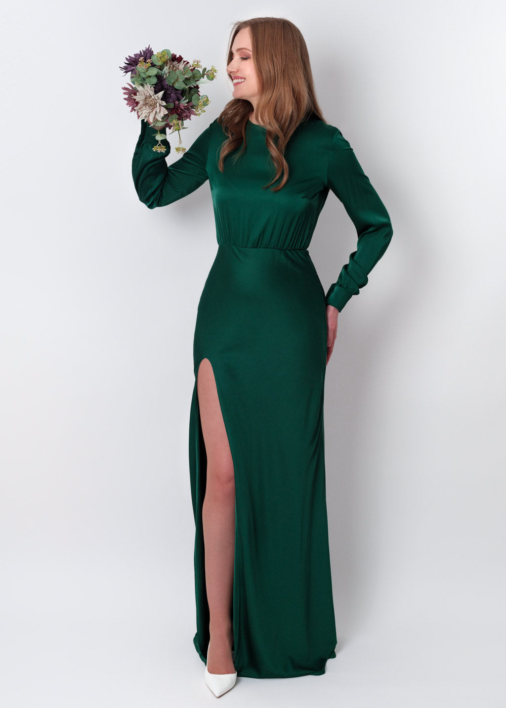 Dark green silk long high slit dress