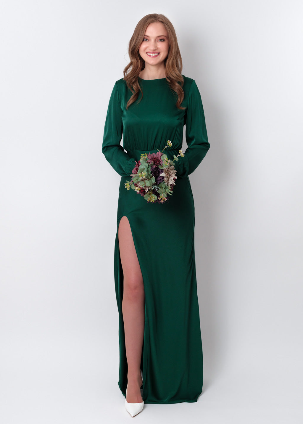 Dark green silk long high slit dress