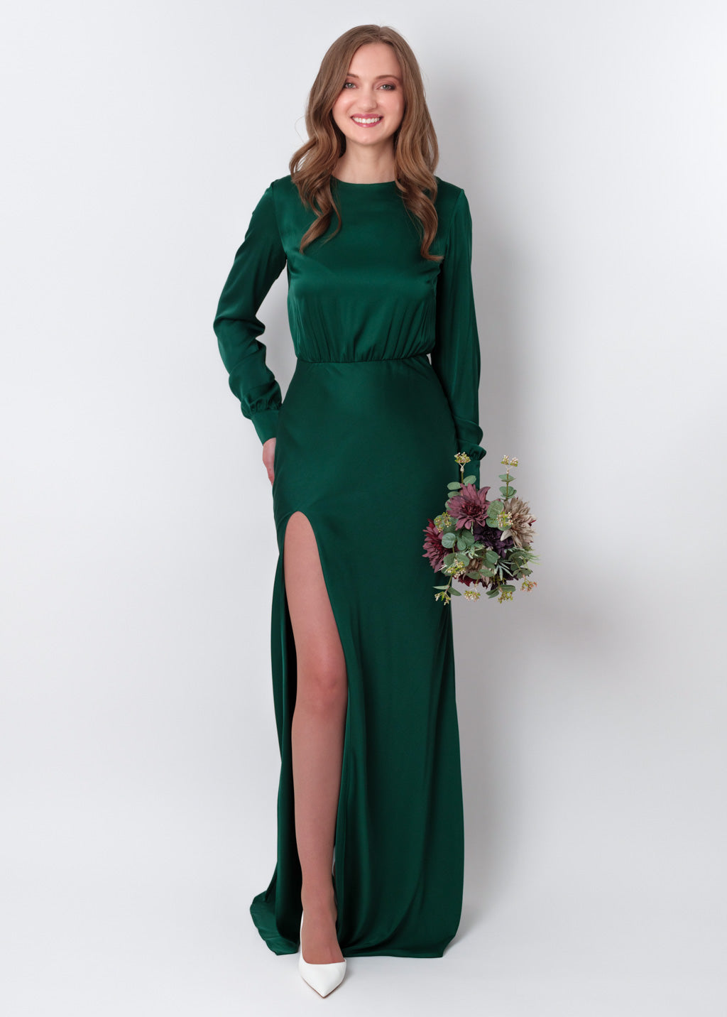 Dark green silk long high slit dress