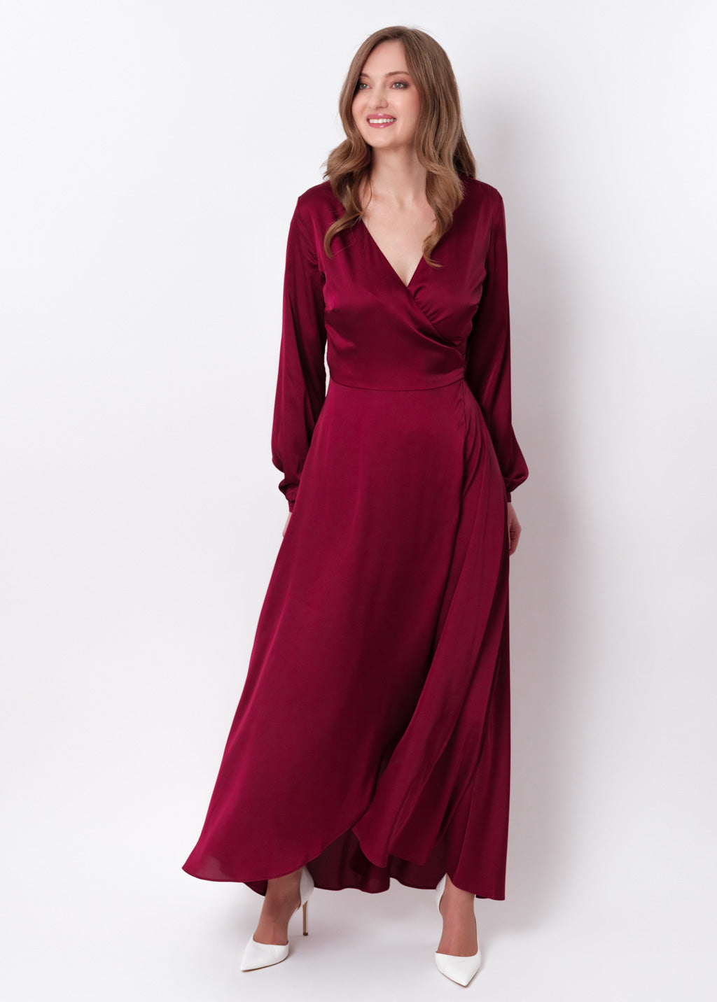 Burgundy silk long wrap dress