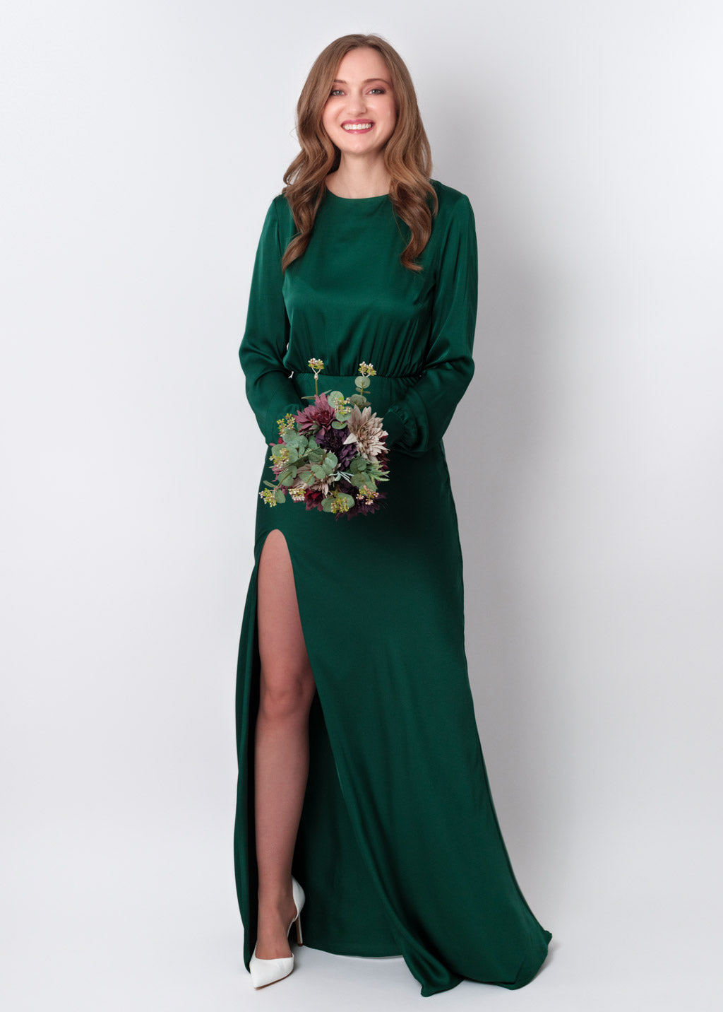 Dark green silk long high slit dress