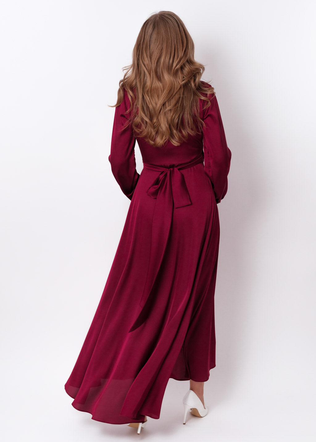 Burgundy silk long wrap dress