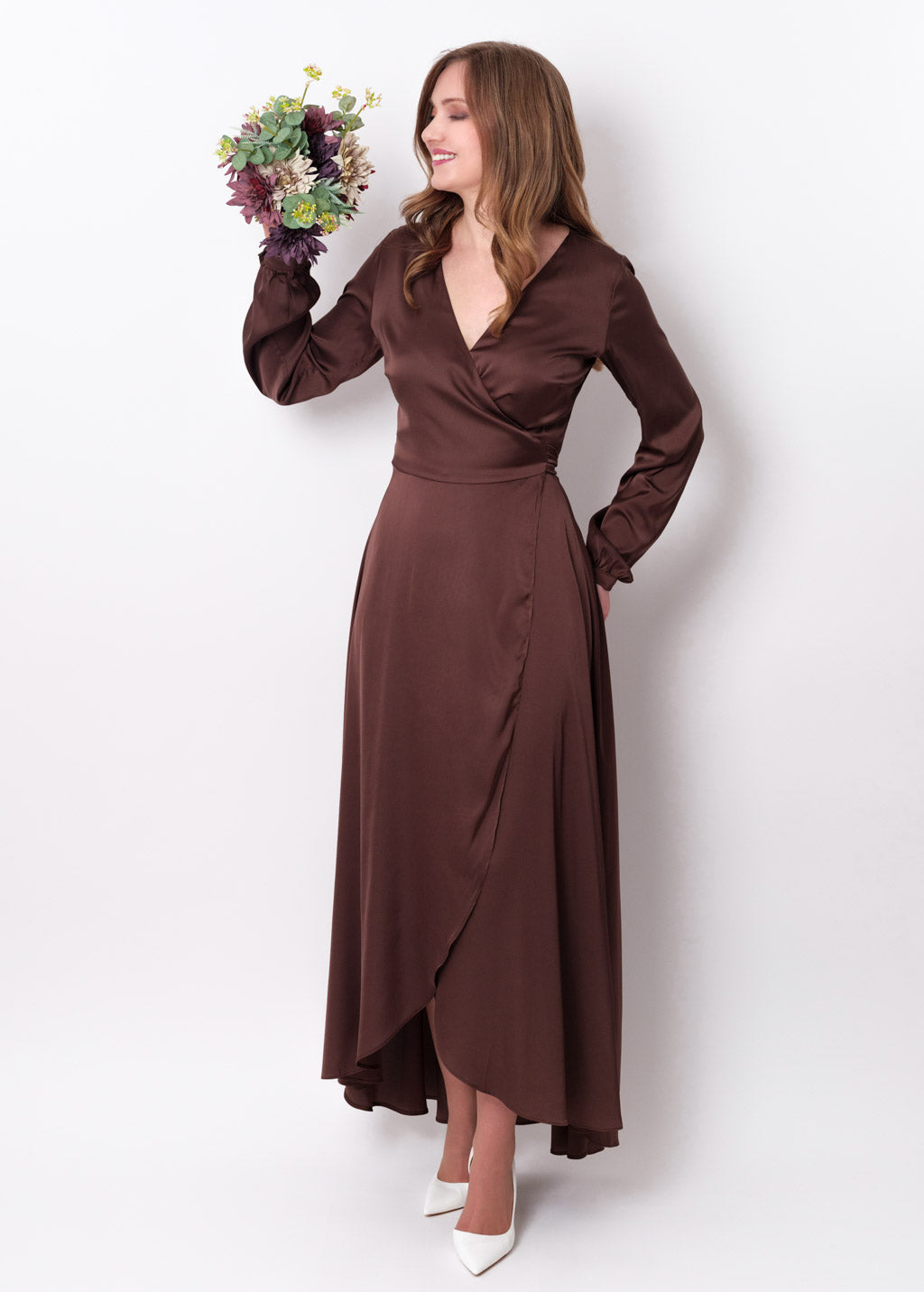 Chocolate brown silk long wrap dress