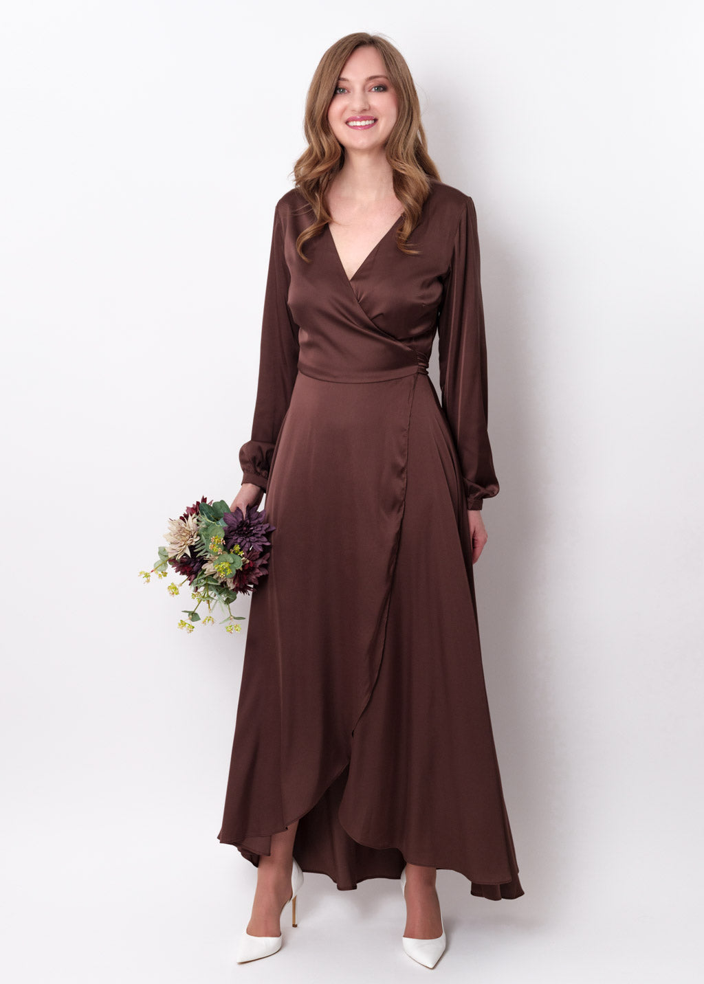 Chocolate brown silk long wrap dress