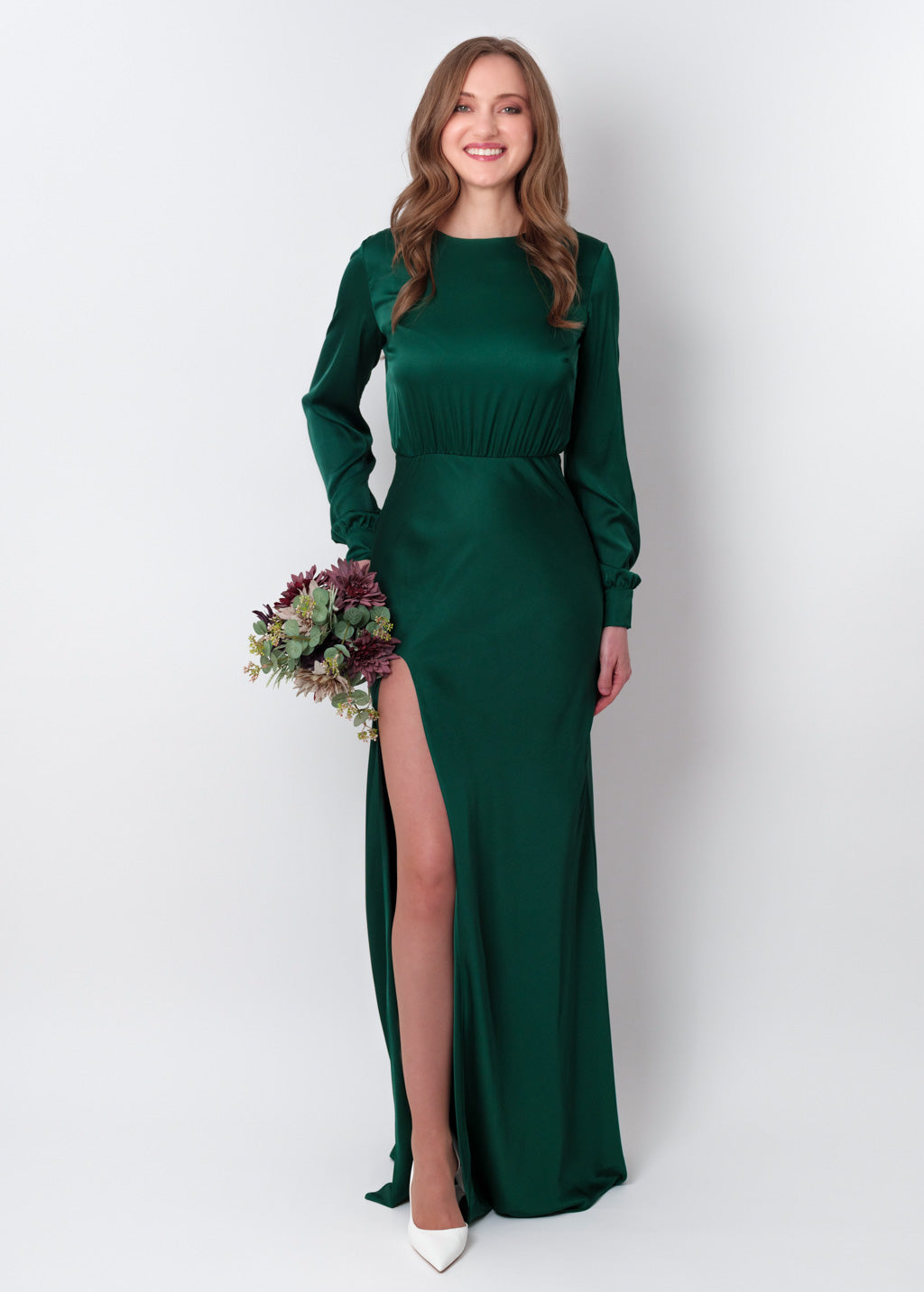 Dark green silk long high slit dress
