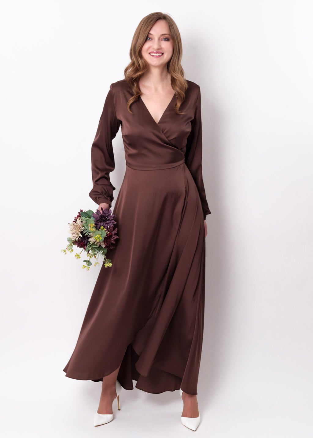 Chocolate brown silk long wrap dress