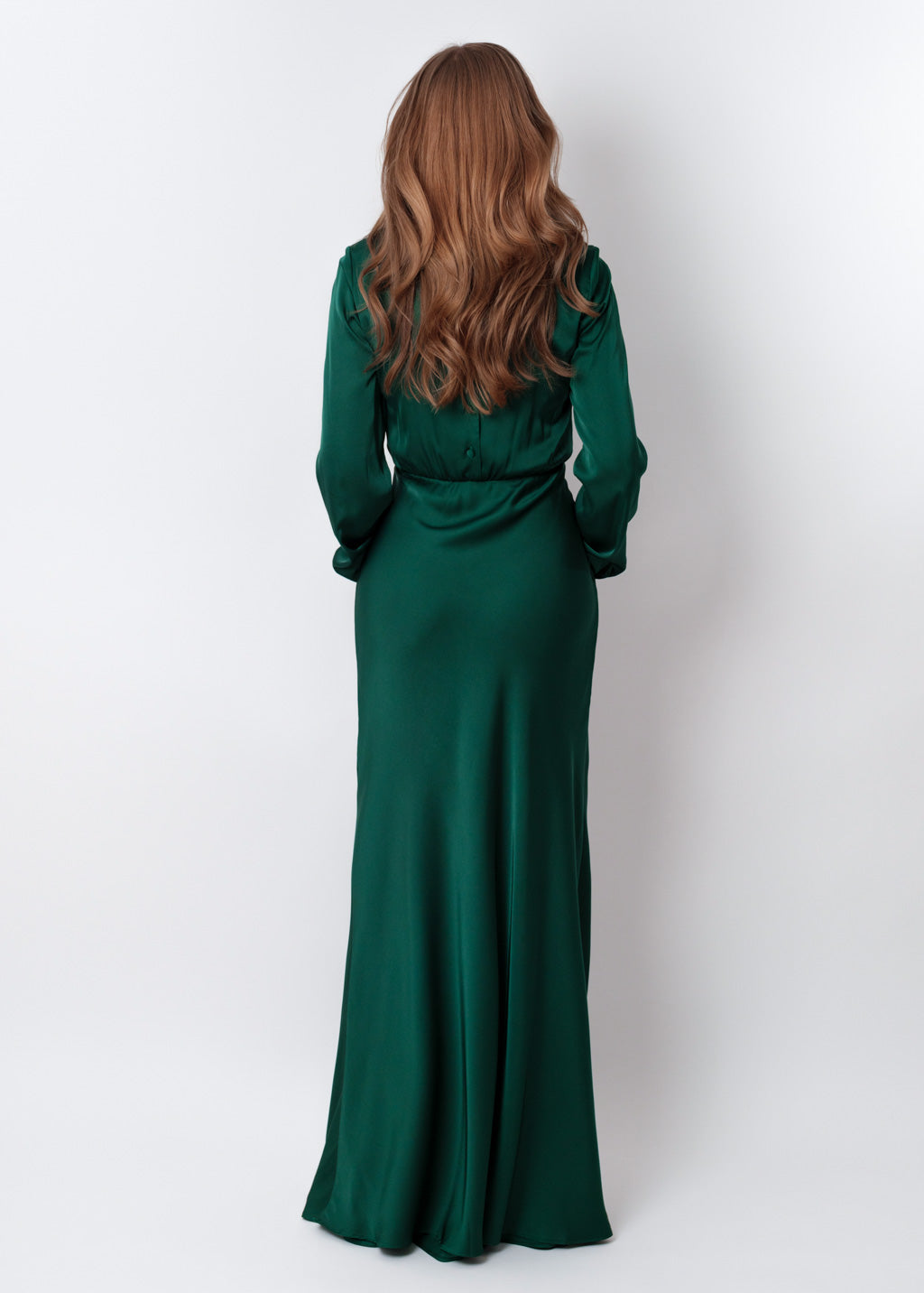 Dark green silk long high slit dress