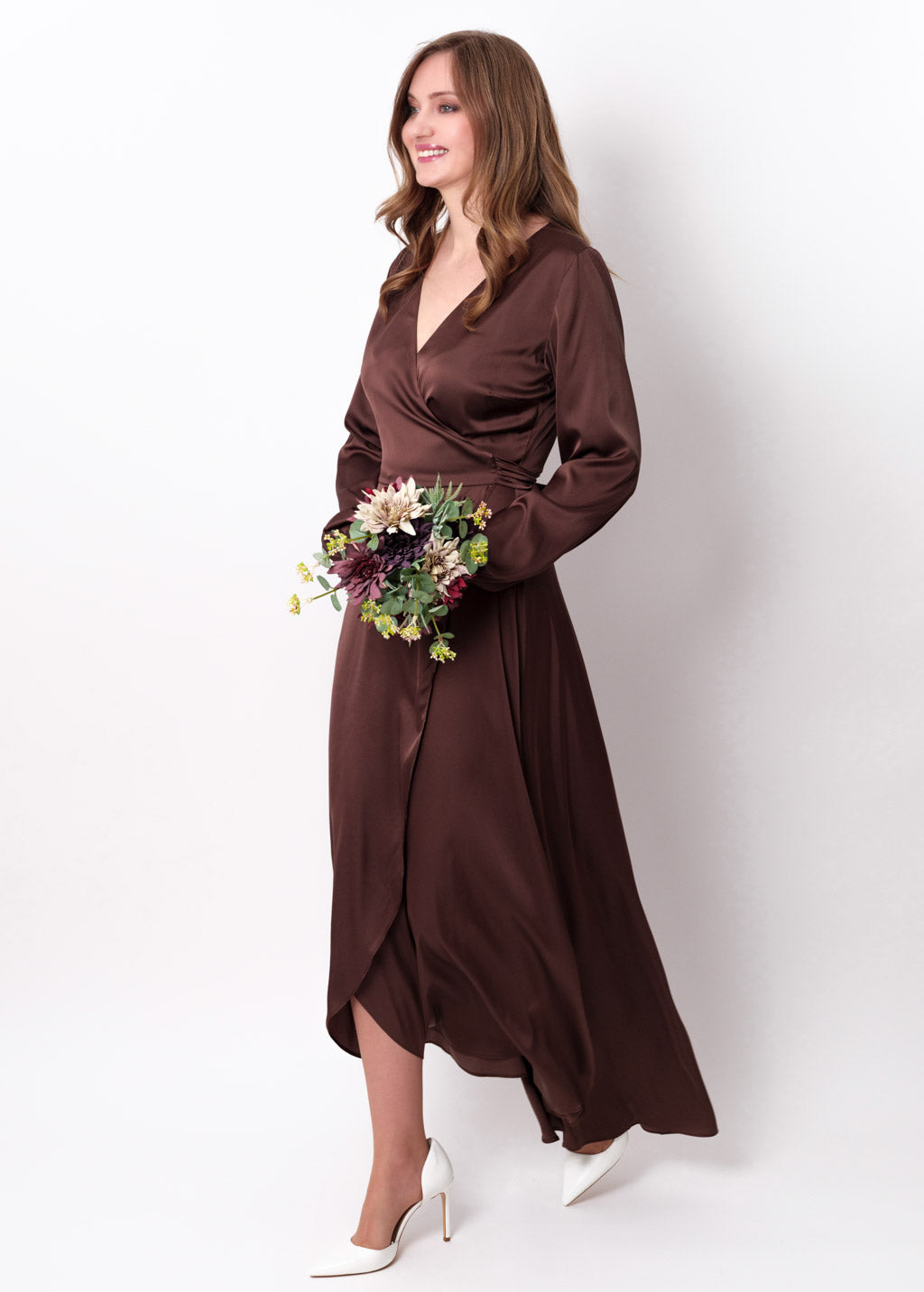 Chocolate brown silk long wrap dress