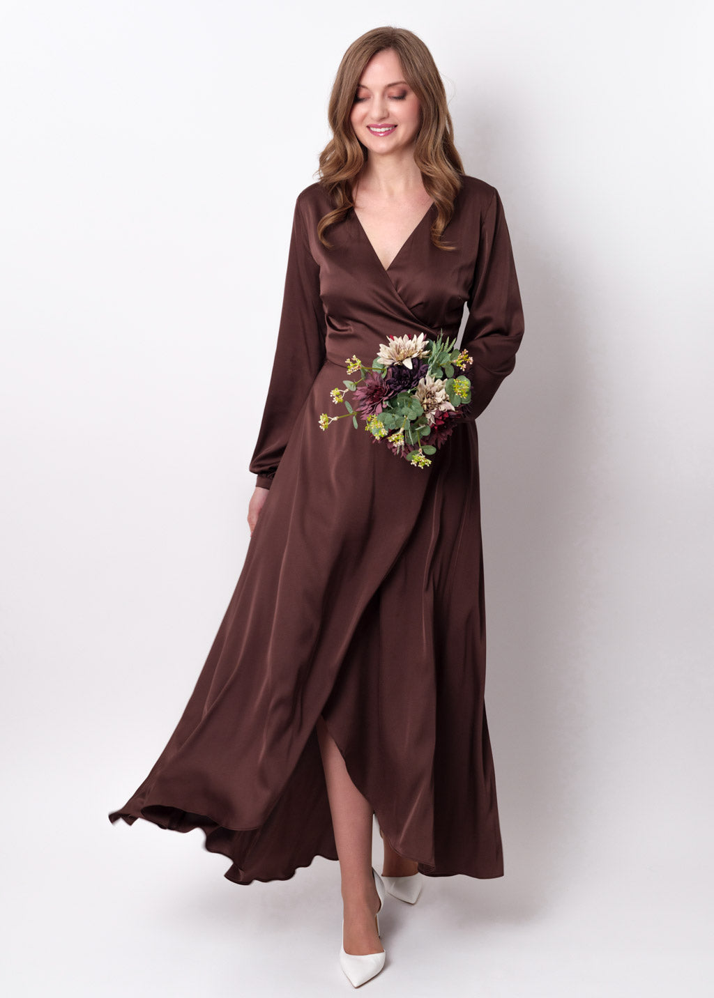 Chocolate brown silk long wrap dress