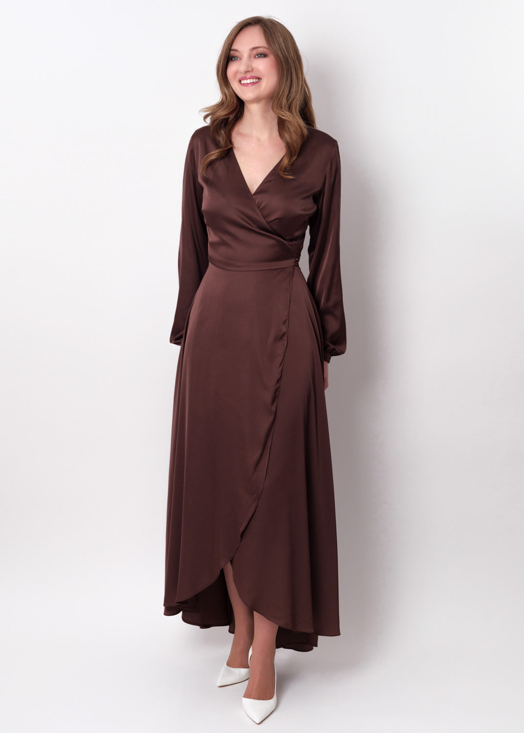Chocolate brown silk long wrap dress