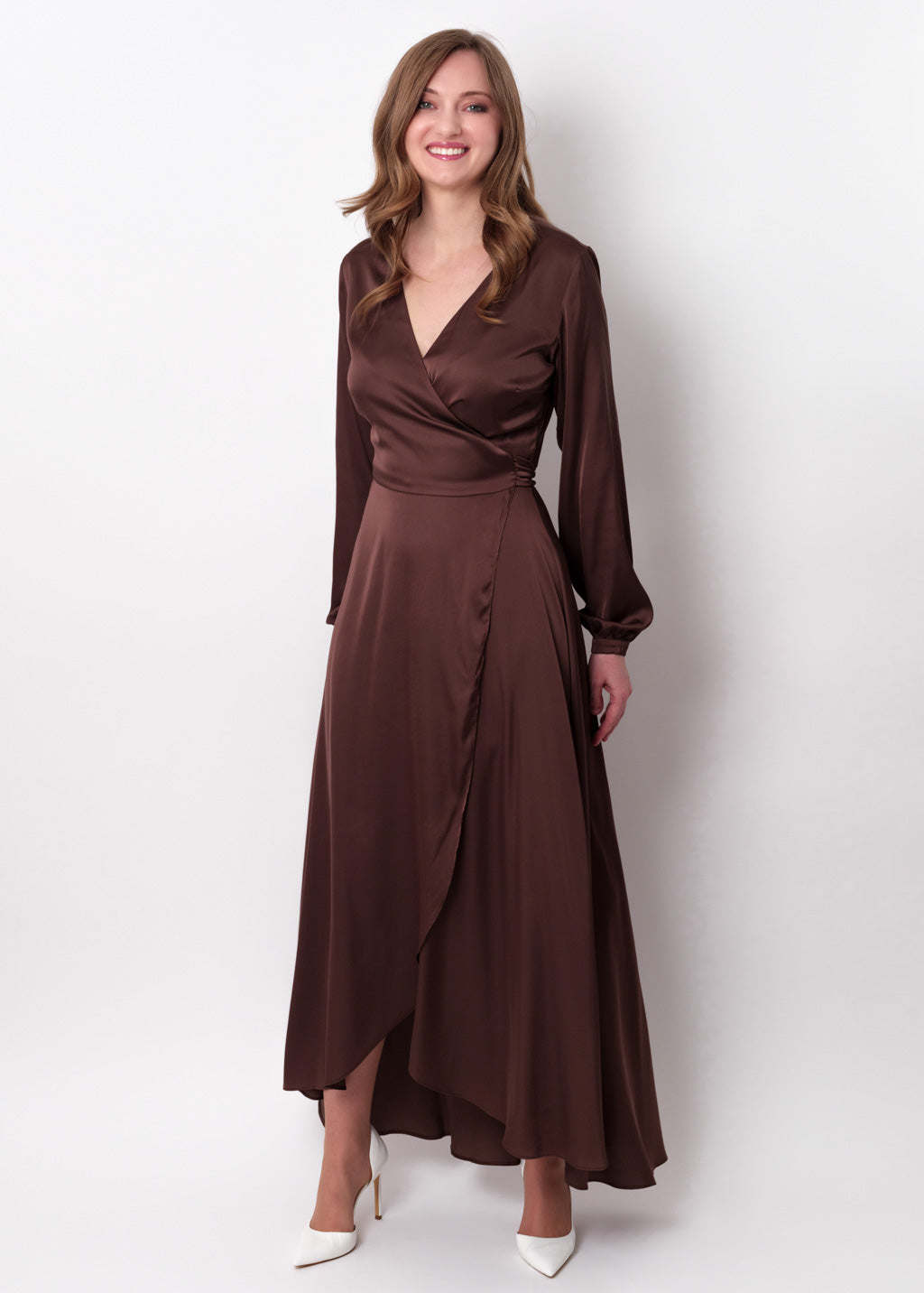 Chocolate brown silk long wrap dress
