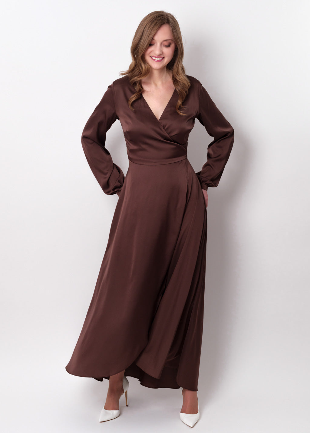 Chocolate brown silk long wrap dress