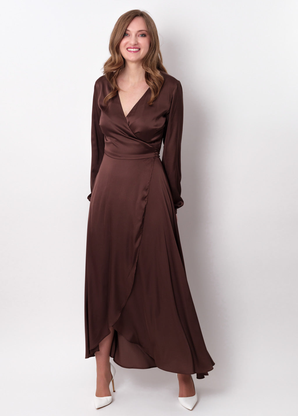 Chocolate brown silk long wrap dress