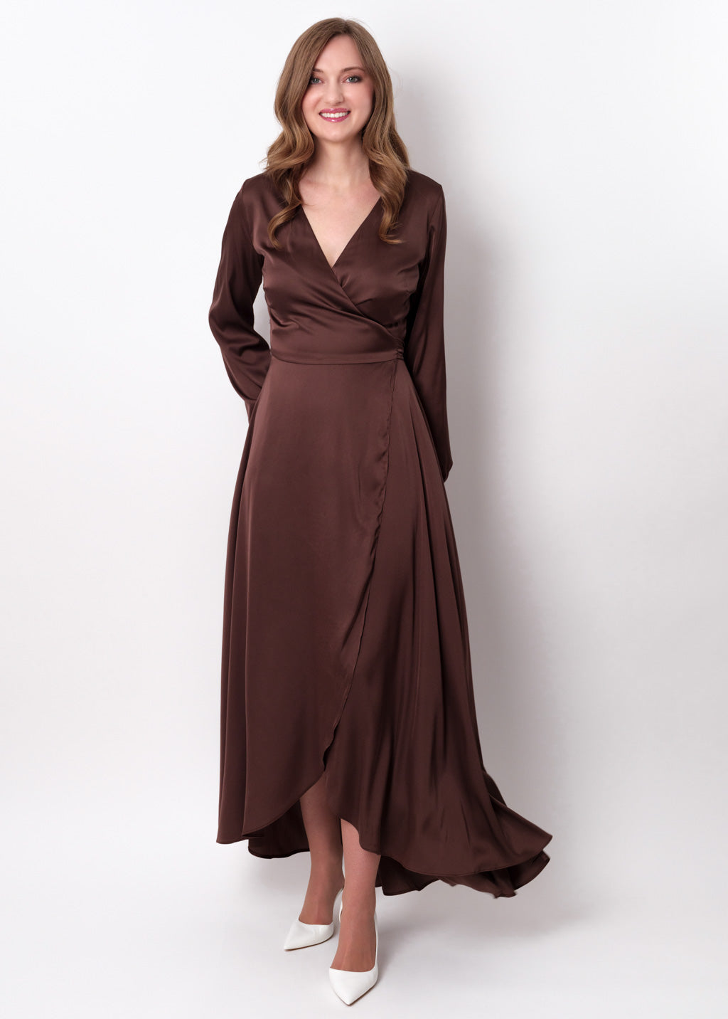 Chocolate brown silk long wrap dress