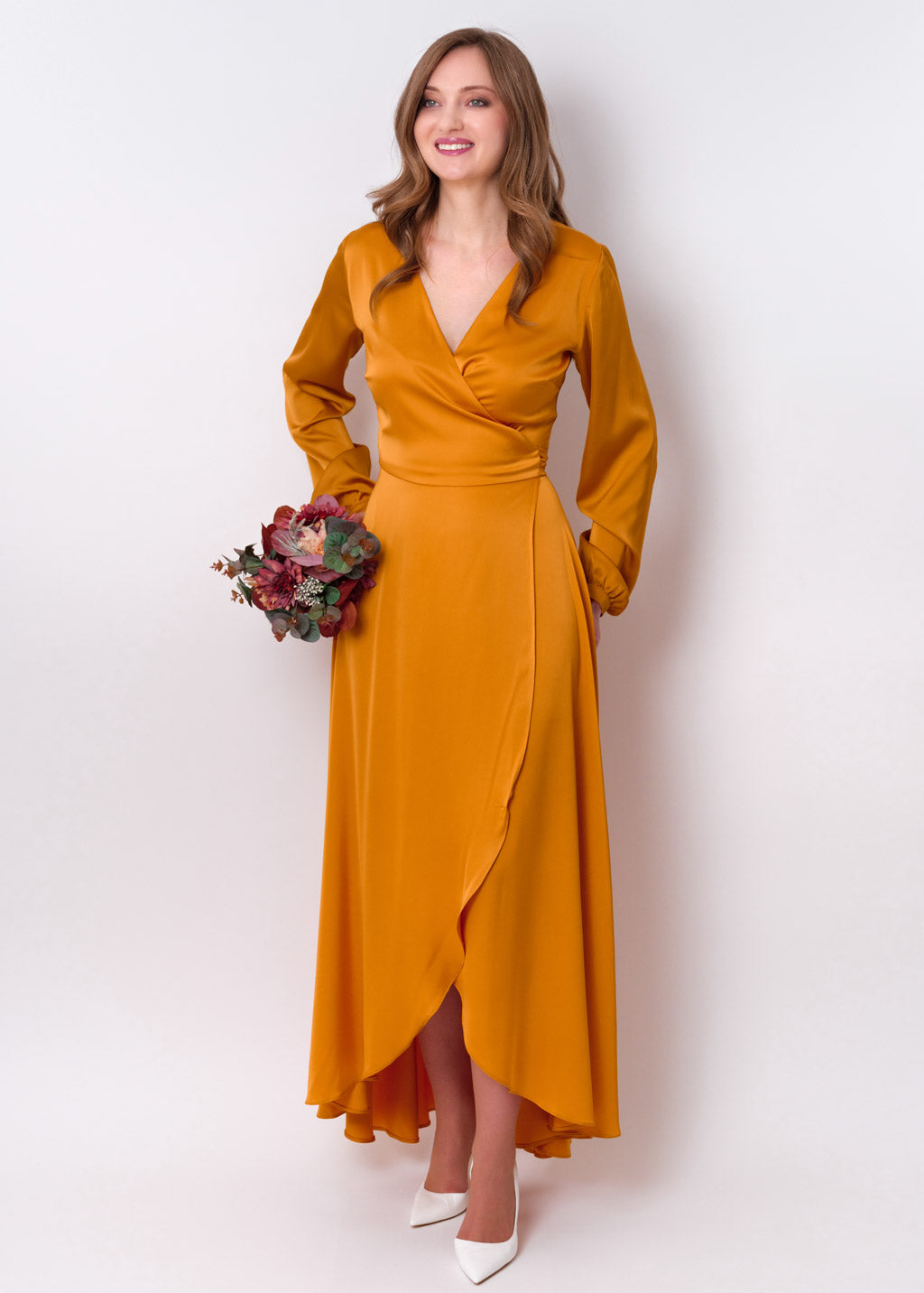 Gold silk long wrap dress
