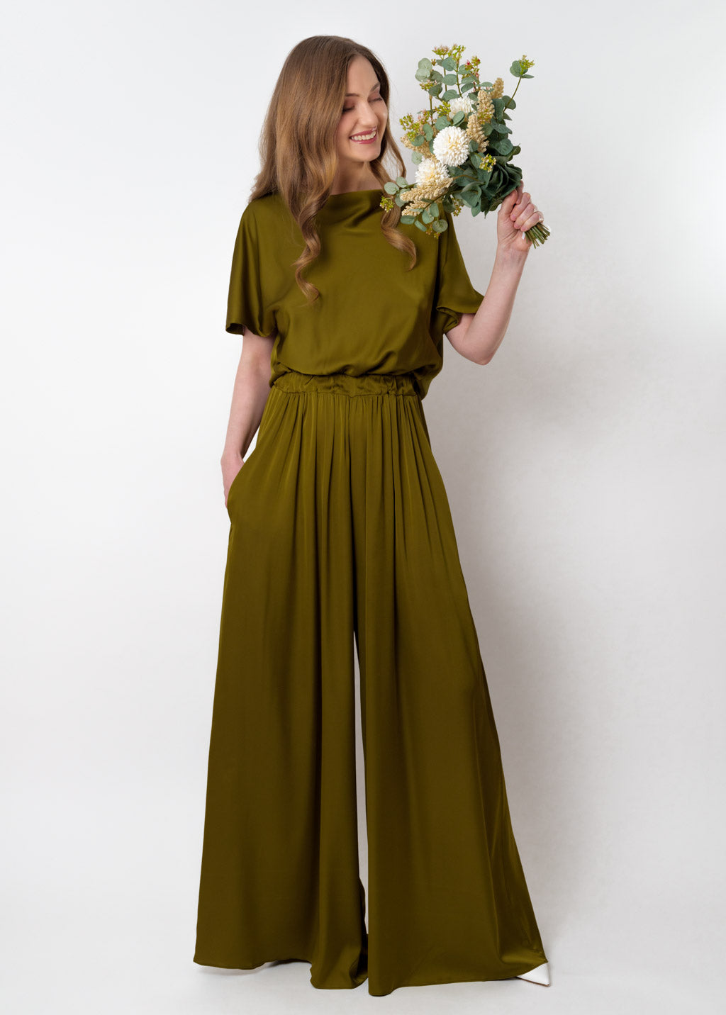 Olive silk jumpsuit