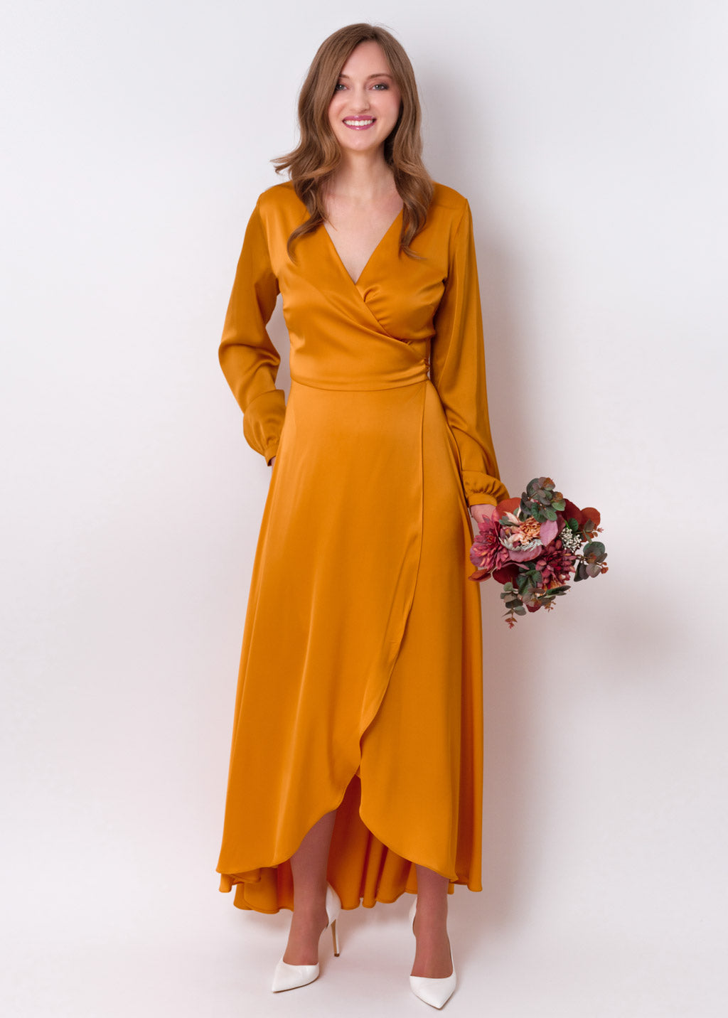Gold silk long wrap dress