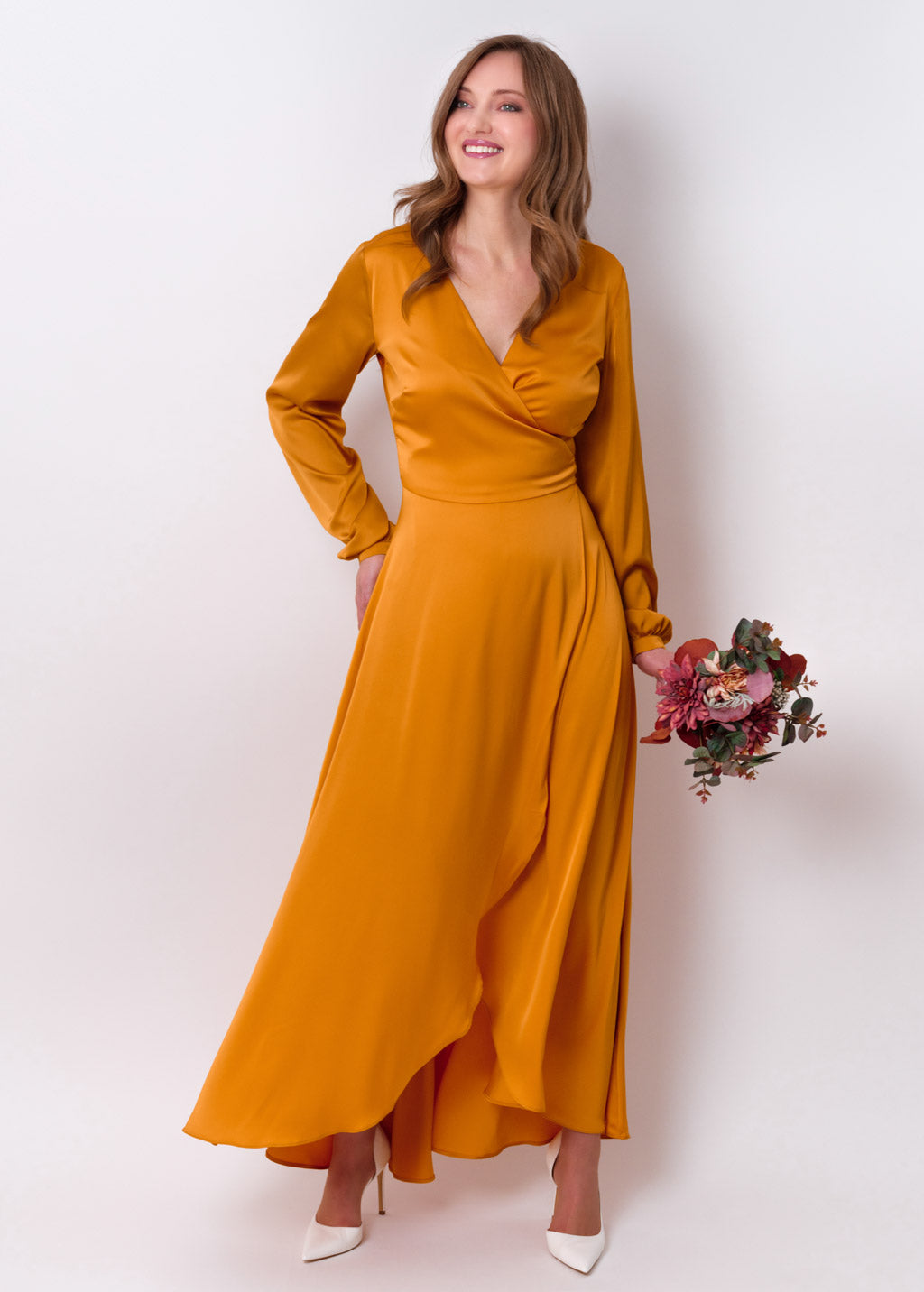 Gold silk long wrap dress